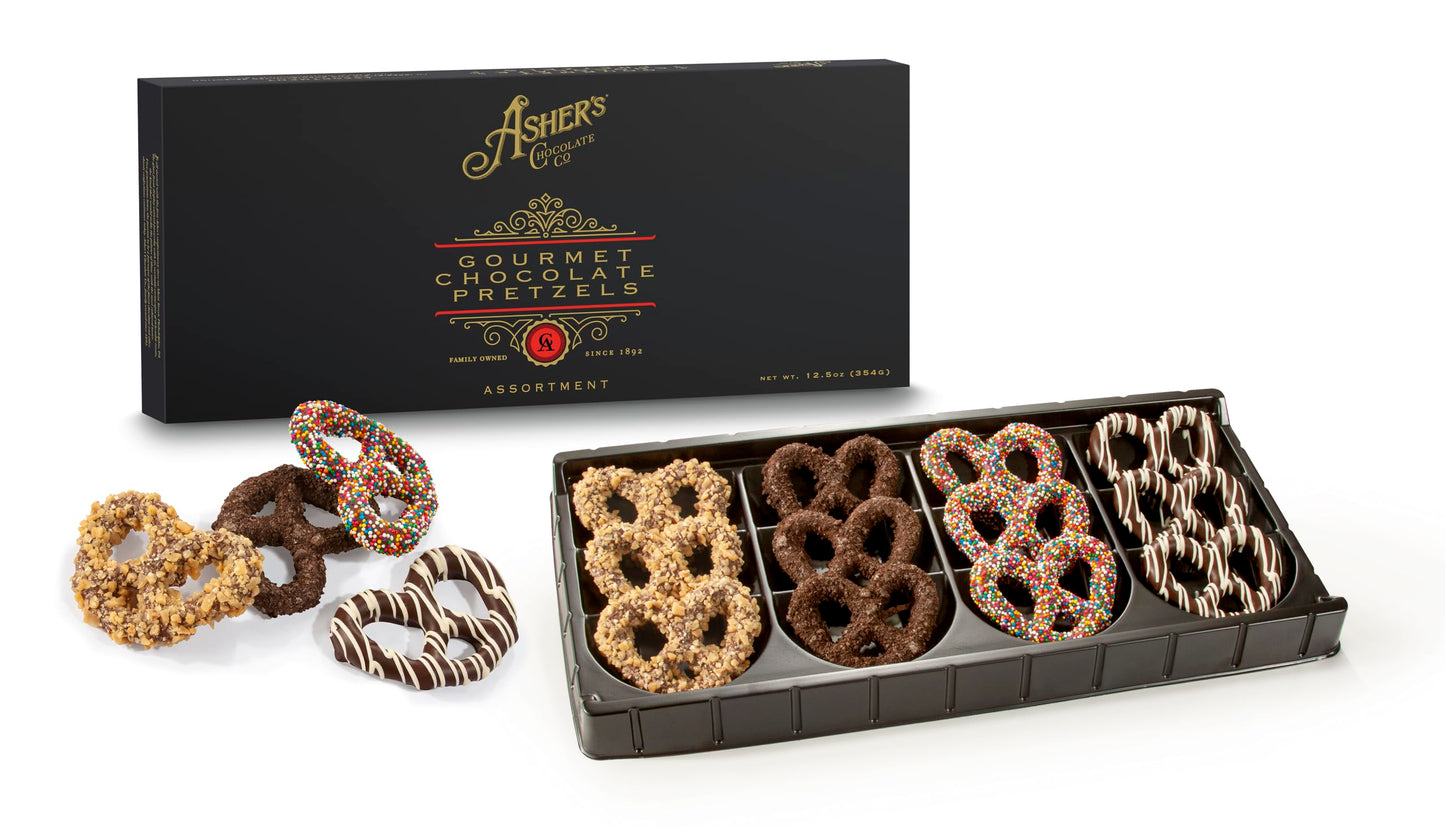 Asher's Chocolates, Chocolate Covered Pretzels Gift Box Basket, Holiday Assortment of Pretzels, Twelve Decorative Pretzels for Gifting, Small Batches