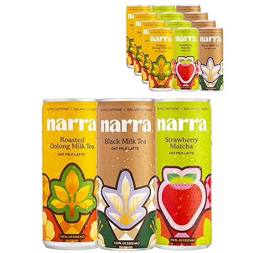 Narra Oat Milk Tea Latte Original Variety Pack (12 Pack) - Black Tea, Roasted Oolong & Strawberry Matcha, Smooth Balanced Energy from Tea (50-60mg