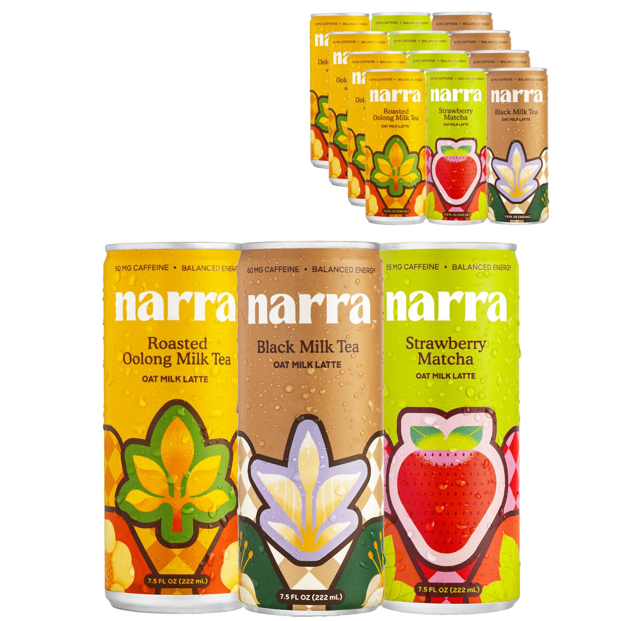 Narra Oat Milk Tea Latte Original Variety Pack (12 Pack) - Black Tea, Roasted Oolong & Strawberry Matcha, Smooth Balanced Energy from Tea (50-60mg