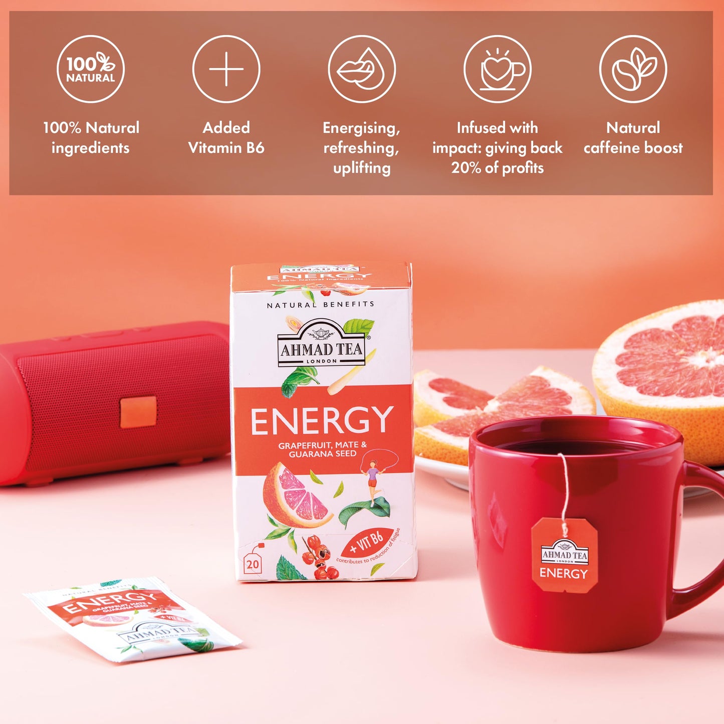 Ahmad Tea Herbal Tea, Grapefruit, Mate, Guarana Seed, & Vitamin B6 'Energy' Natural Benefits Teabags, 20 ct (Pack of 6) - Caffeinated & Sugar-Free
