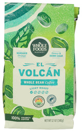 Whole Foods Market, El Volcan Light Roast Whole Bean Coffee, Mandarin Orange, Honey & Brown Sugar, 12 Ounce