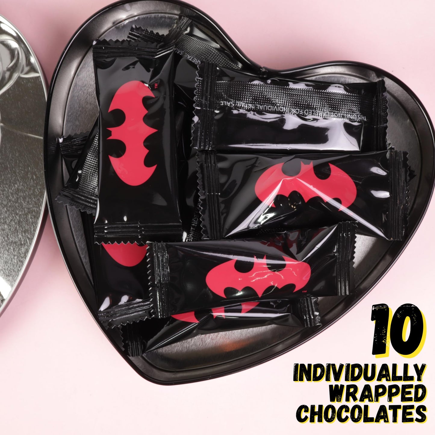 Batman Heart Tin, Milk Chocolatey Hearts Inside, Individually Wrapped Pieces, Festive Candy Gift, 2.12 Ounces