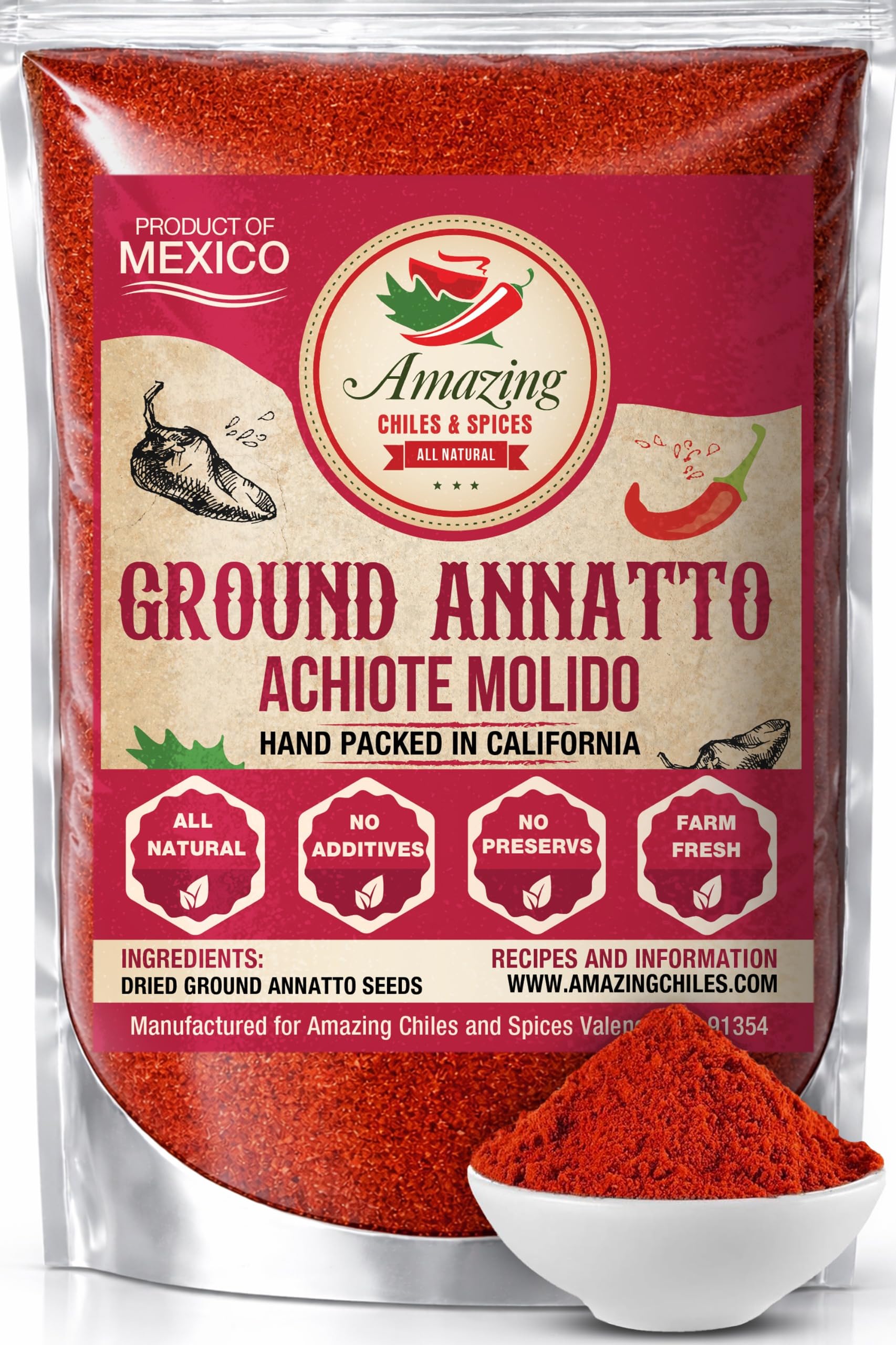Achiote Powder - Ground Annatto Seeds 16oz (1LB) Great for Adding Color and Mild Flavor in Soup, Stews, Meats and Mexican Recipes