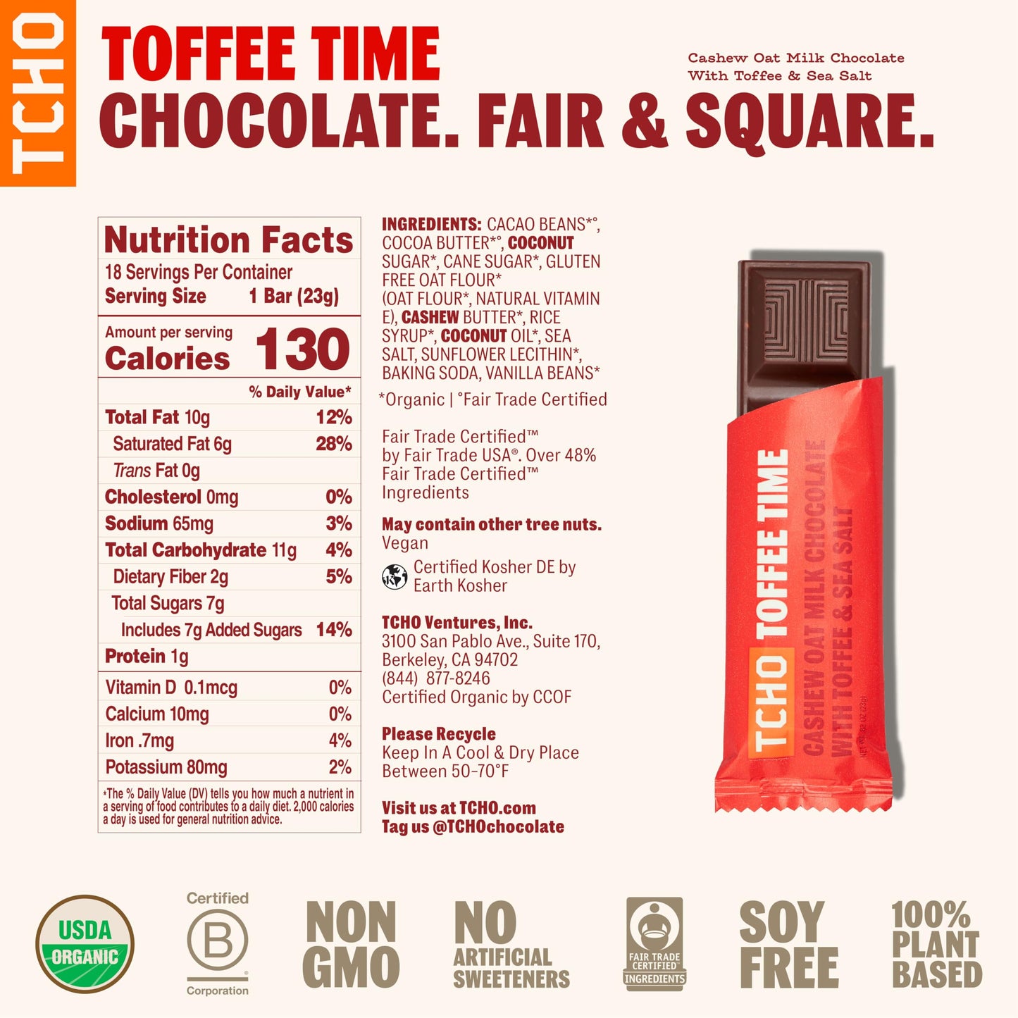 TCHO Toffee Time 53% Oat-Milk Chocolate Bars (18 pack) | 100% Plant-Based, Organic Cashew Oat-Milk Chocolate | Vegan, Soy-Free, Gluten-Free