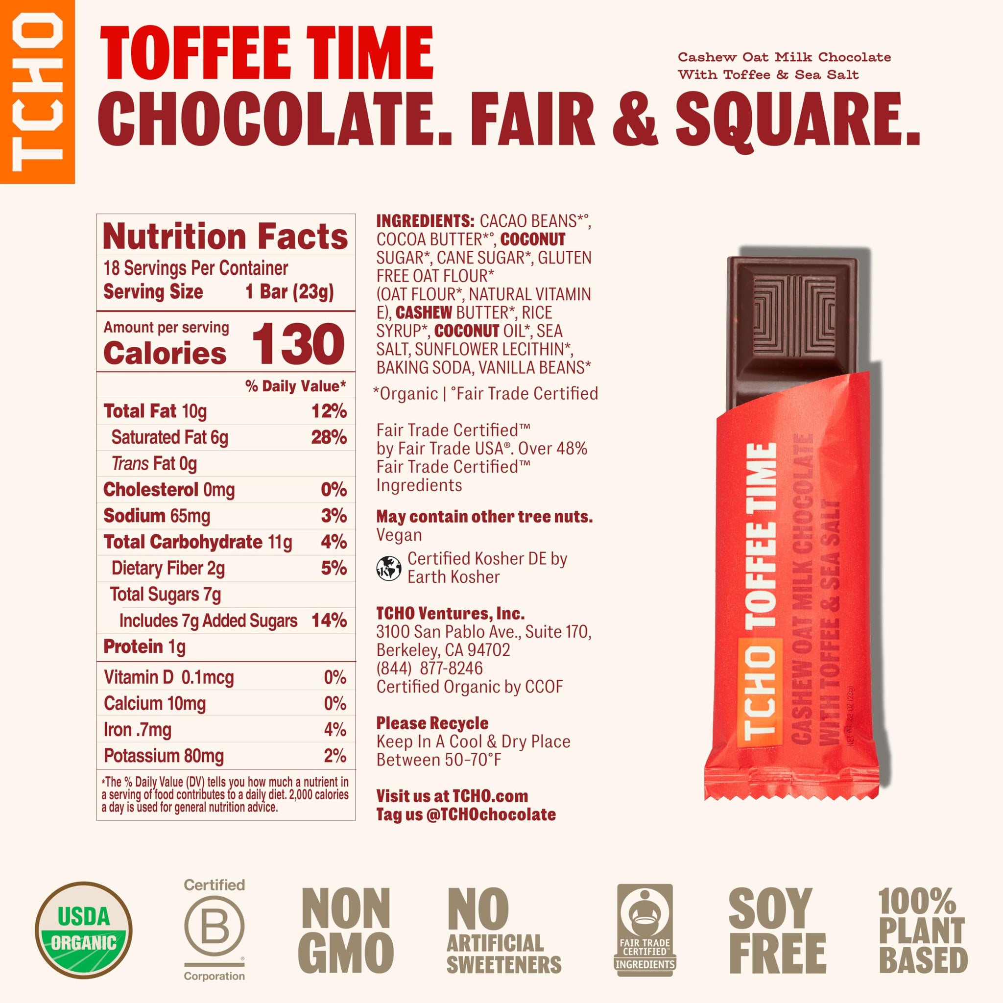TCHO Toffee Time 53% Oat-Milk Chocolate Bars (18 pack) | 100% Plant-Based, Organic Cashew Oat-Milk Chocolate | Vegan, Soy-Free, Gluten-Free