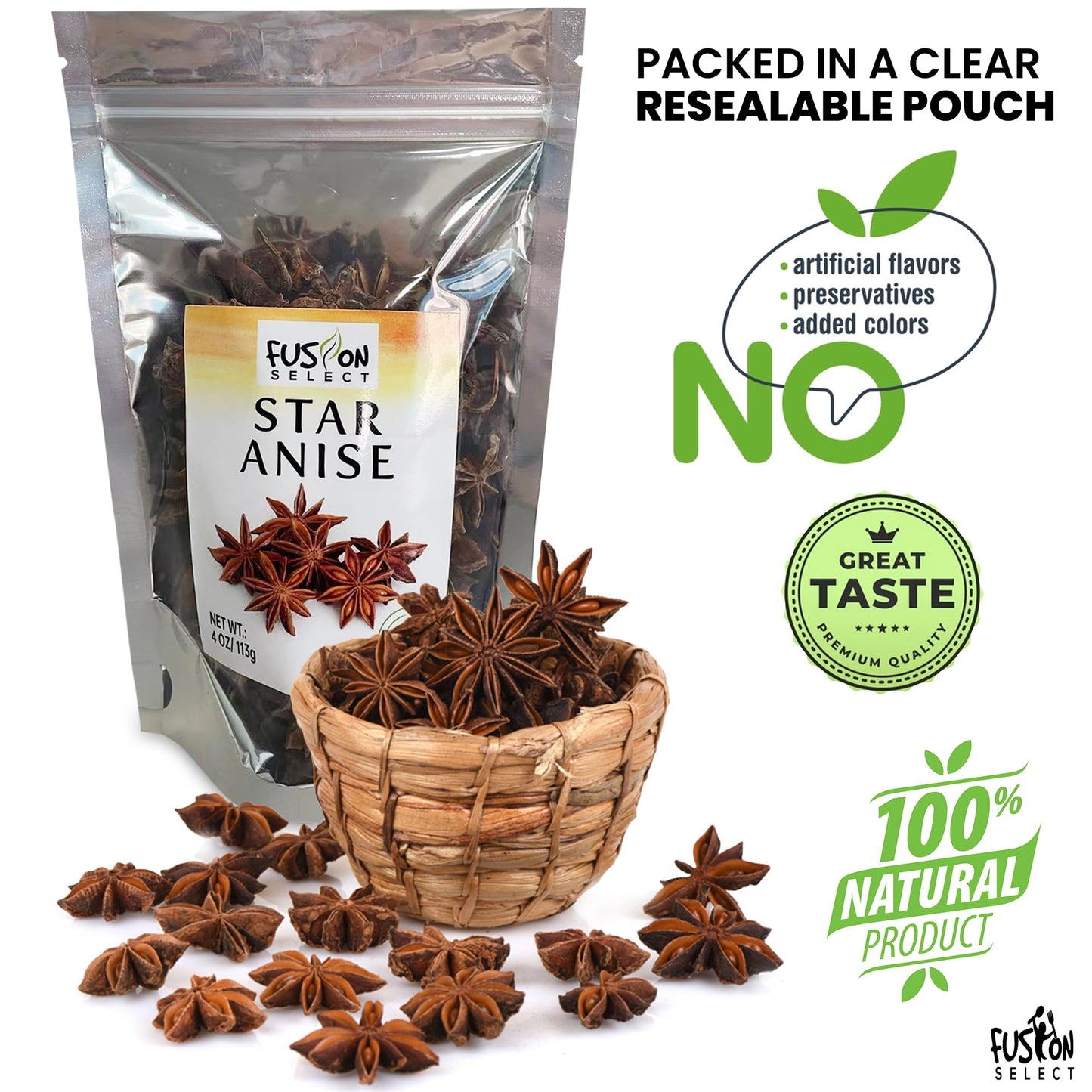 Fusion Select Dried Star Anise - Whole Badian Spice for Oriental & Indian Dishes & Recipes - Natural Herbs & Seasoning for Baking & Cooking - Packed