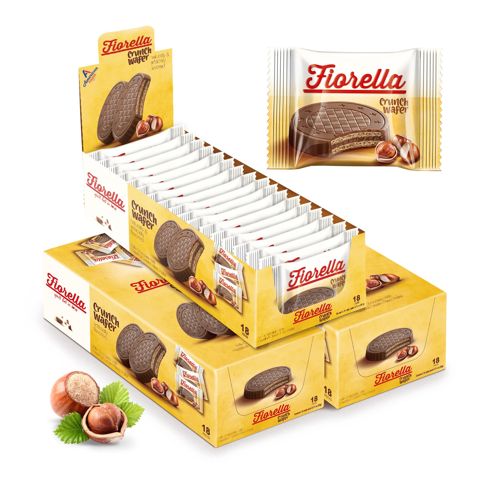 Fiorella Crunch Wafer Cookies, Milk Chocolate Covered Crispy Thin Crunch Wafers with Hazelnut Cream Filling, Chocolate Biscuits, 18 Individually