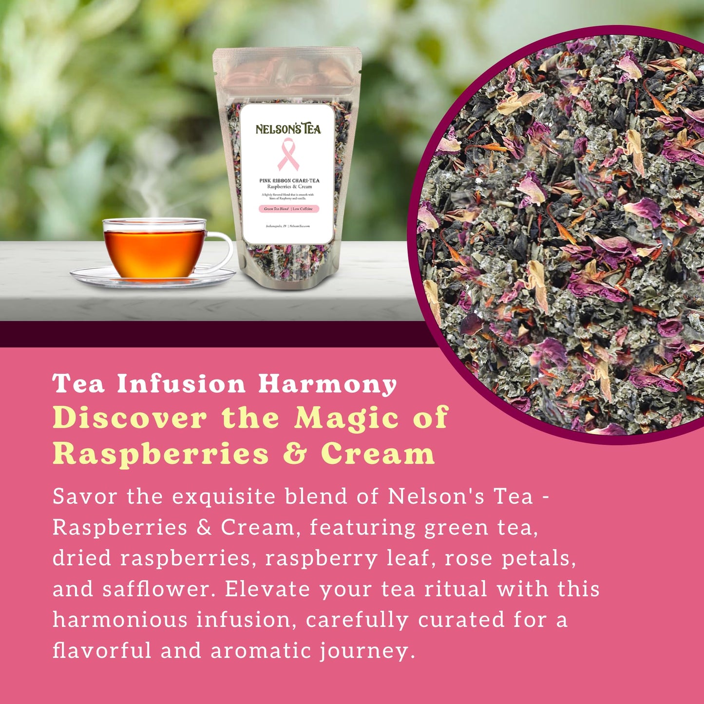 Nelson's Tea Raspberry & Cream - Cut & Sifted Loose Leaf Tea with Rooibos Green Tea, Dried Red Raspberry Leaf, Marigold, Hibiscus, Rose Petals