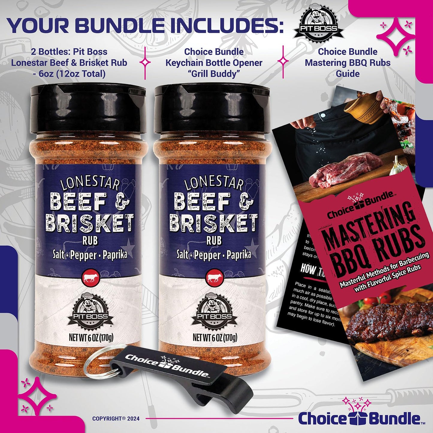 Pit Boss Lonestar Beef & Brisket - Texas Style Premium BBQ Barbecue Mixed Seasoning Spice & Rub 2 pk Choice Bundle (12 oz) + Guide & Bottle Opener (4