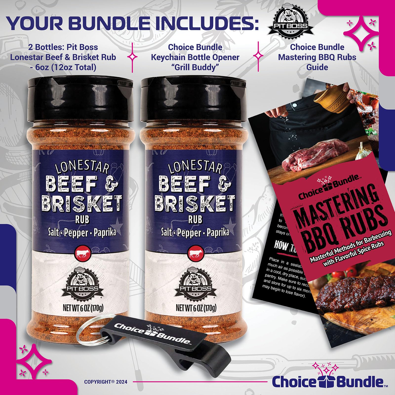 Pit Boss Lonestar Beef & Brisket - Texas Style Premium BBQ Barbecue Mixed Seasoning Spice & Rub 2 pk Choice Bundle (12 oz) + Guide & Bottle Opener (4