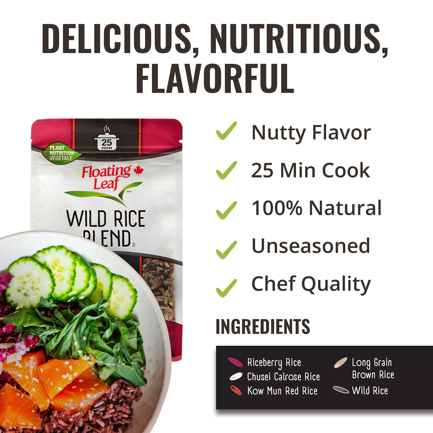 Floating Leaf Wild Rice Blend - 14 ounces, 1 count - Wild Rice Blend With Riceberry, Red Rice And Brown Rices - Gluten Free - Non GMO - All Natural - Vegan - Plant Based