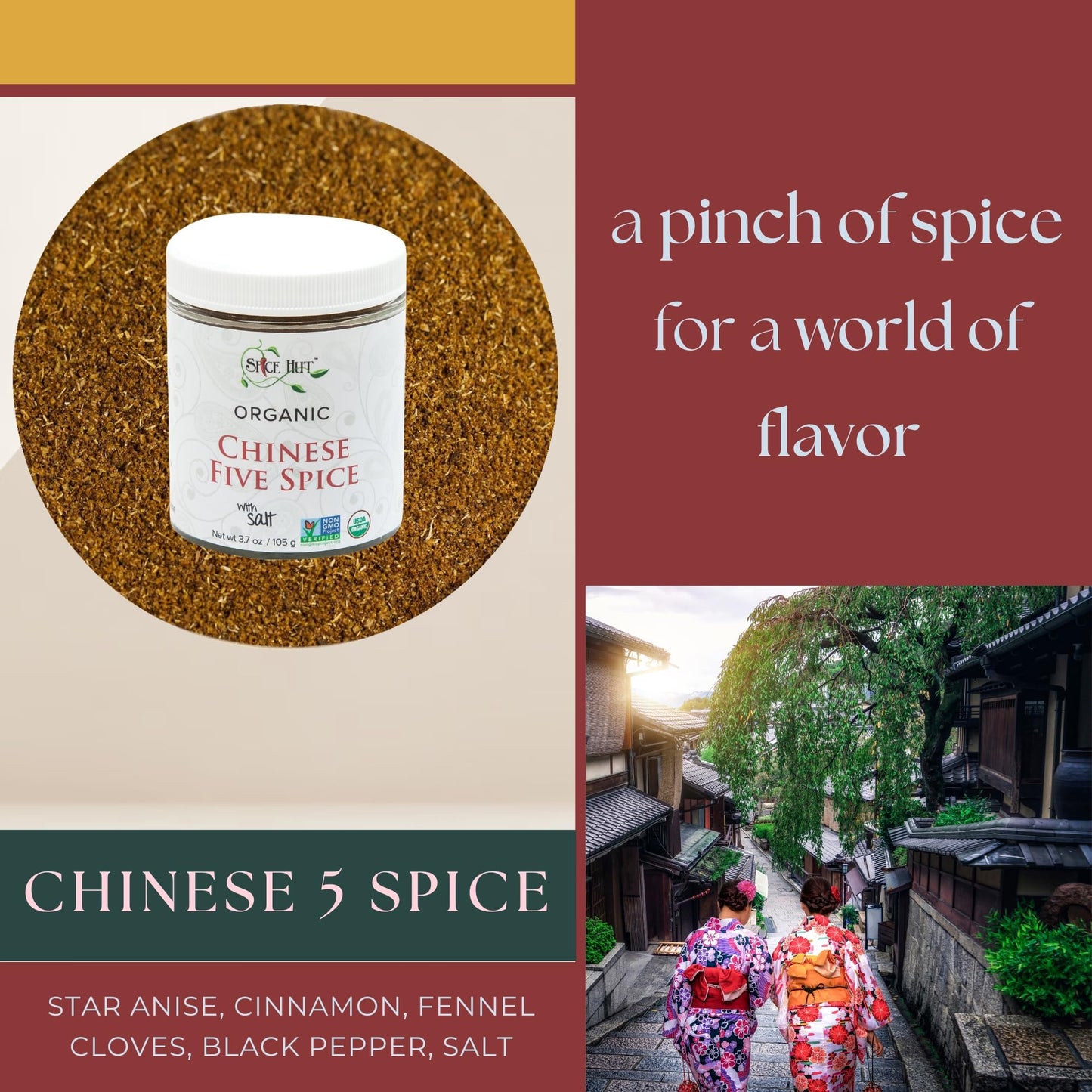 Spice Hut - Chinese 5 Spice Powder Organic, with Salt, Asian Seasoning Mix, Authentic 5 Spice Seasoning for Cooking Asian Cuisine - Stir Fry