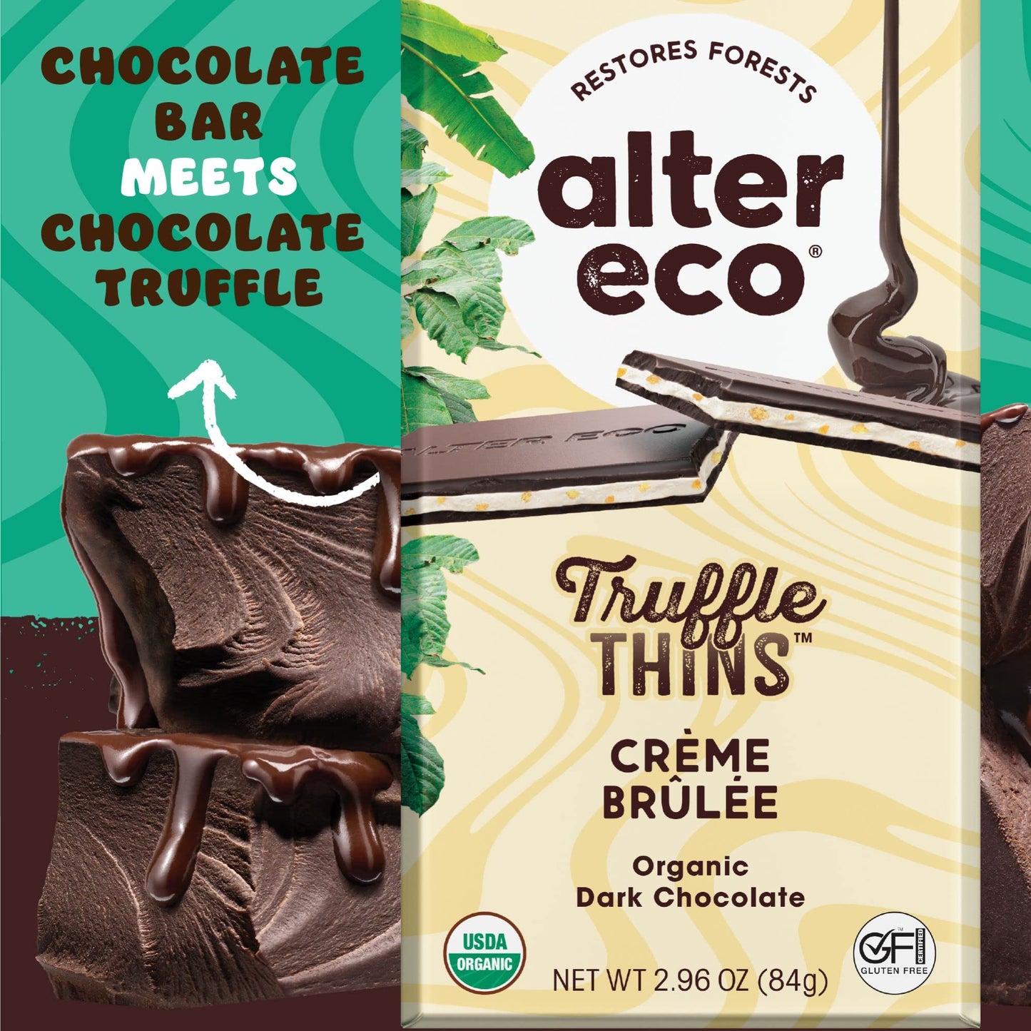 Alter Eco Creme Brulee Truffle Thins, Chocolate Bar with Gooey Ganache Truffle Filling, Organic, Gluten & Soy-Free, Non-GMO Snacks, No Additives