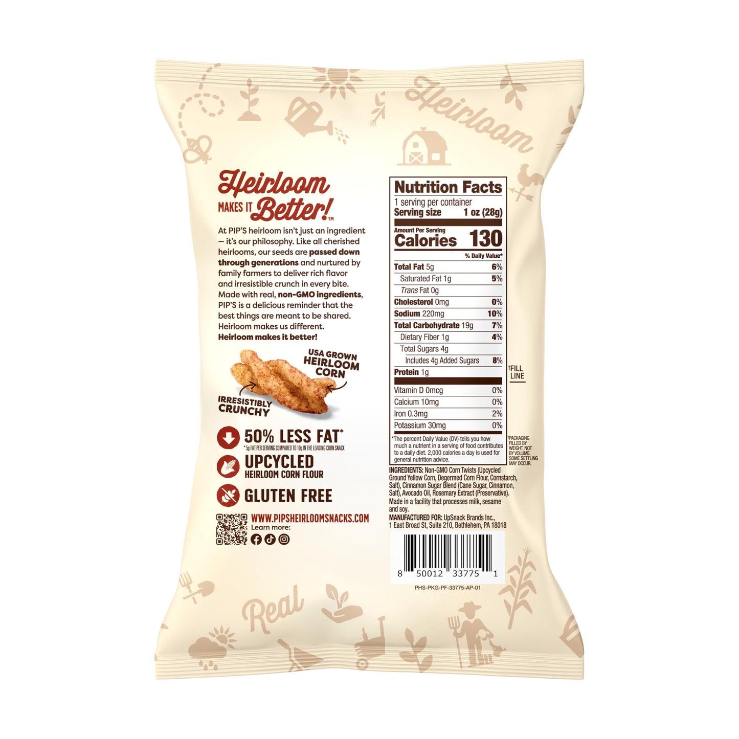 Pip’s Heirloom Cinnamon Churro Twists - 1 oz Bags (24 pk) - Individually Wrapped Snack Packs Made With Heirloom Corn & Avocado Oil - Better For You
