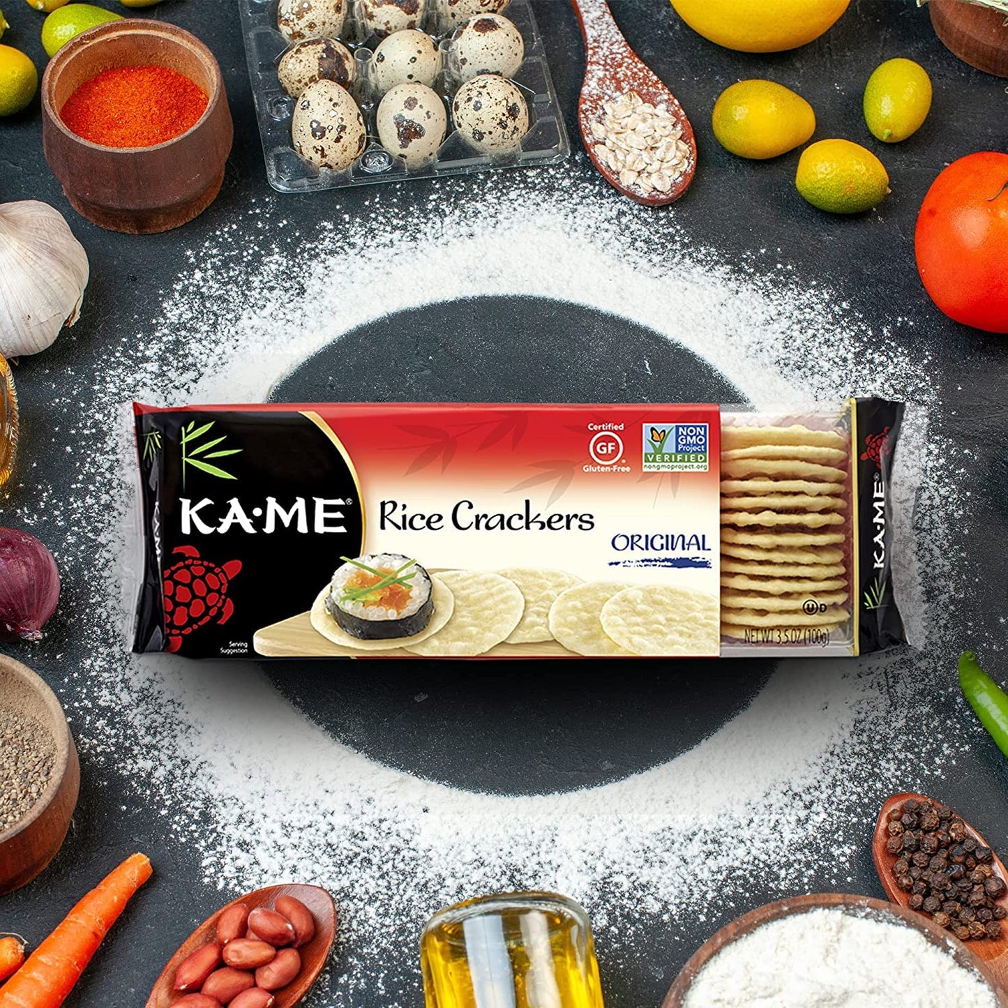 KA-ME Original Rice Crackers 3.5 oz, Authentic Asian Ingredients, Certified Gluten-Free, No Artificial Flavors/Colors, Non GMO - (2 Pack)