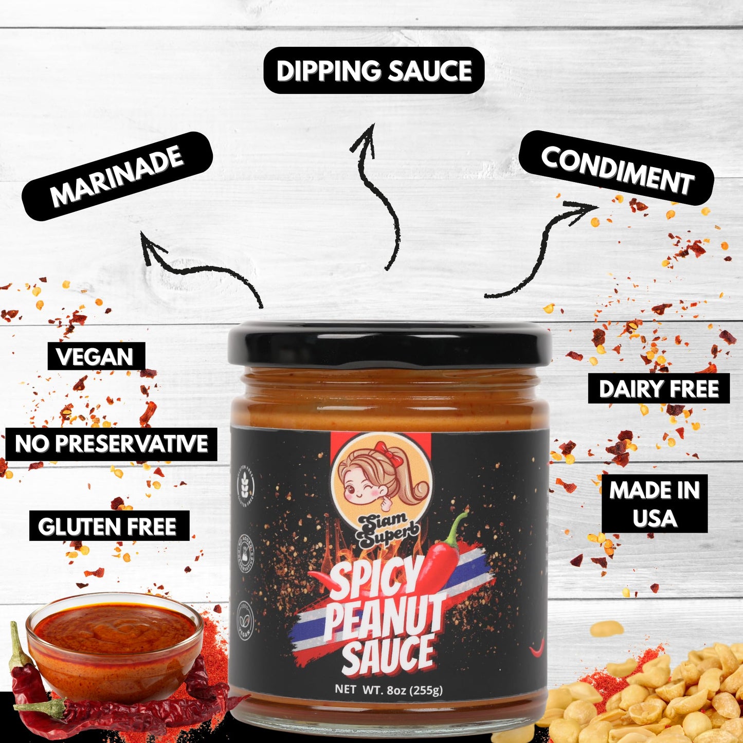 Siam Superb, Spicy Peanut Sauce - Perfect for Noodles, Meats, Rice Seasoning, Dipping, All Purpose Seasoning and Stir Fry Sauce, Marinade, Gluten