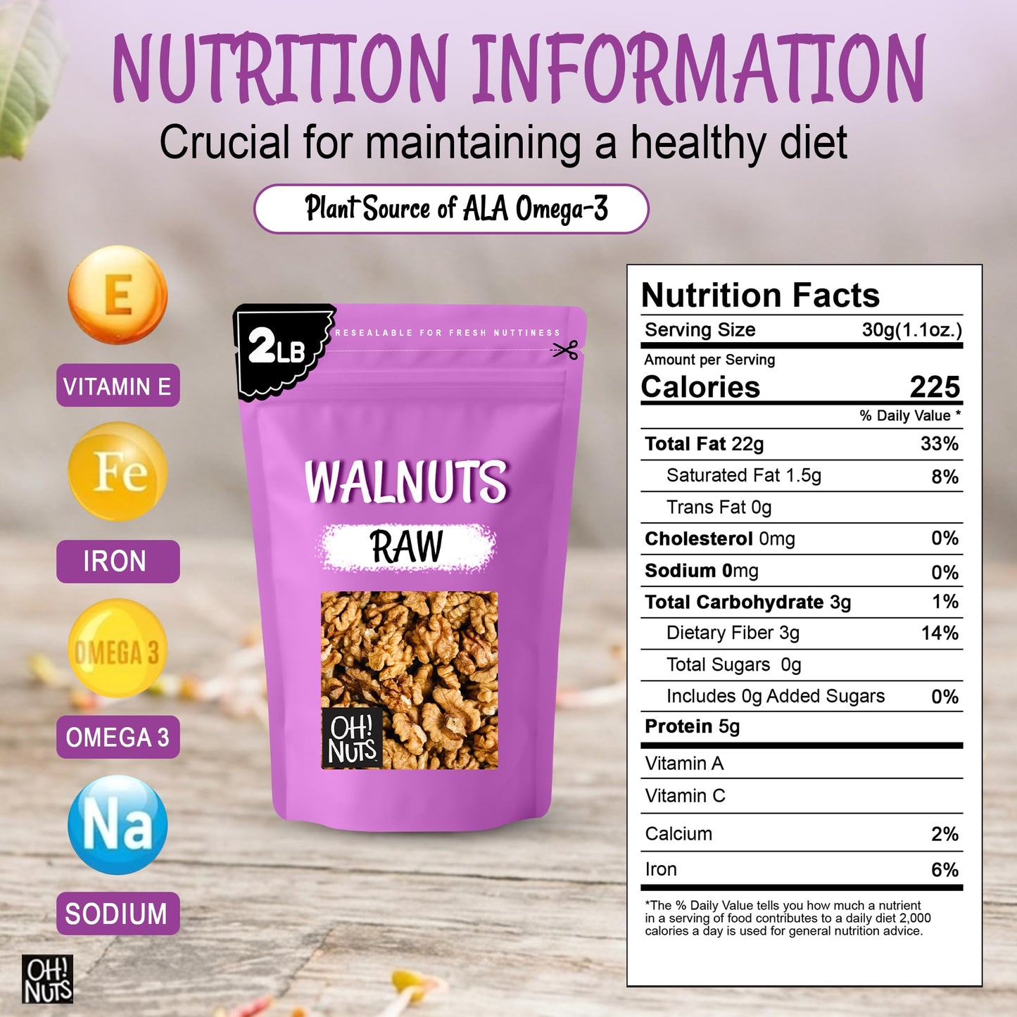 Oh! Nuts Organic Raw Walnuts 2lb Bulk Bag - Unshelled Healthy Mix of Chandler Halves & Pieces - Fresh & Healthy Keto Snacks - Chopped Nuts for Vegan