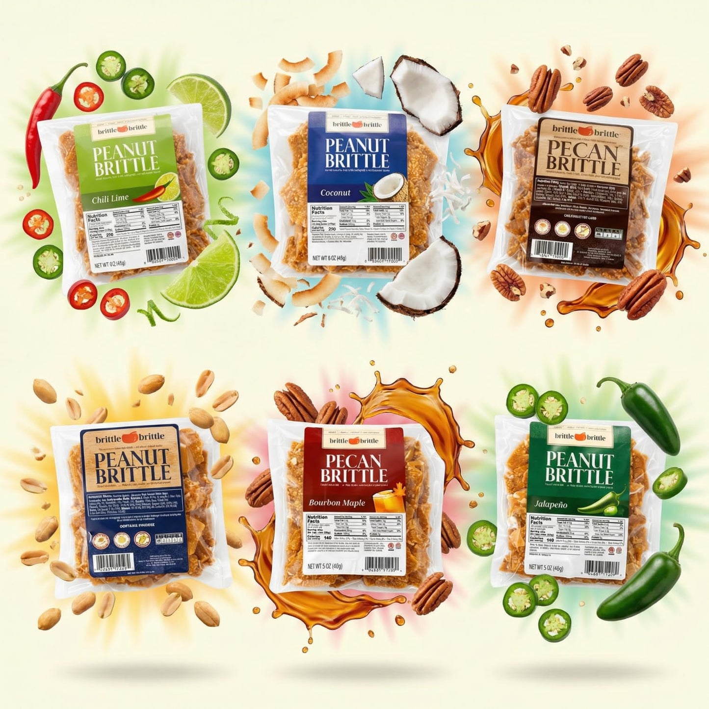 brittle-brittle Party Pack - 6 Flavor Bundle (Peanut & Pecan Brittle) - Chili Lime, Coconut, Jalapeño, Classic Peanut, Pecan, Bourbon Maple - 5 oz