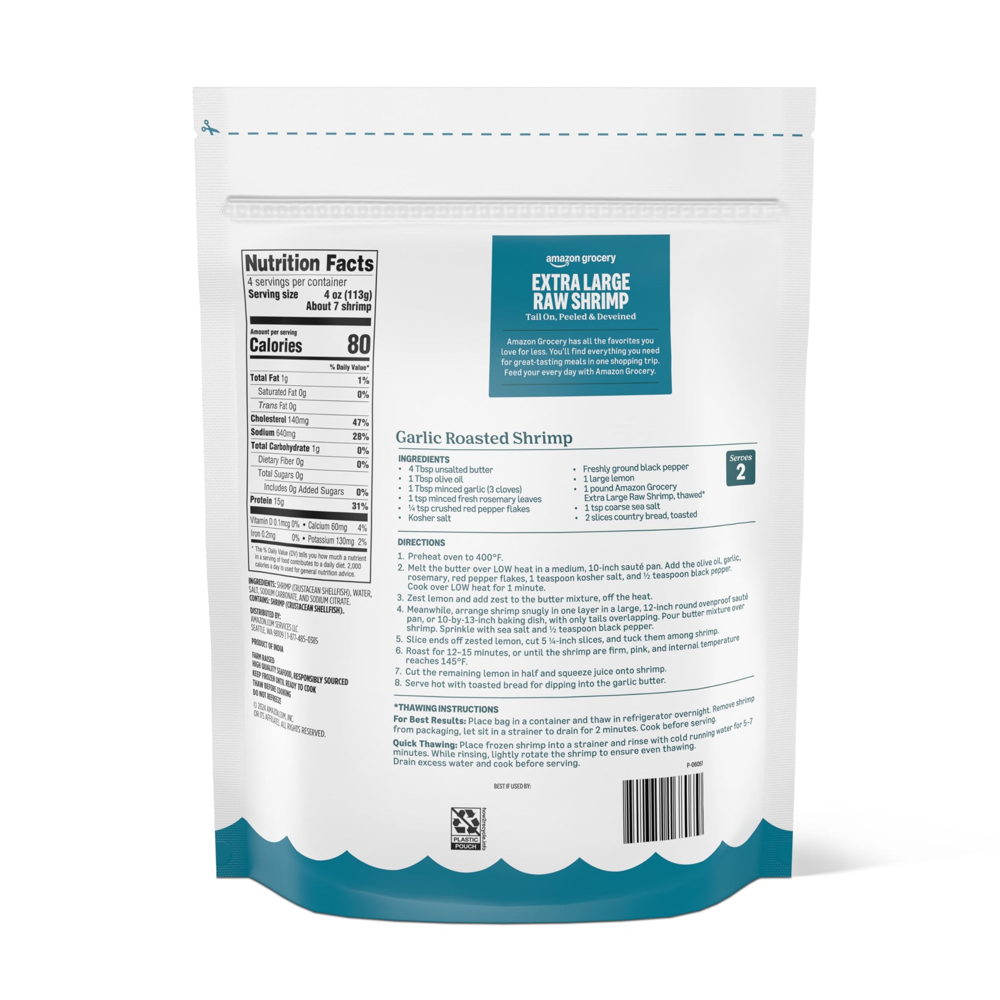 Amazon Grocery, Extra Large Raw Shrimp, Tail On, Peeled & Deveined, 16 Oz, Frozen