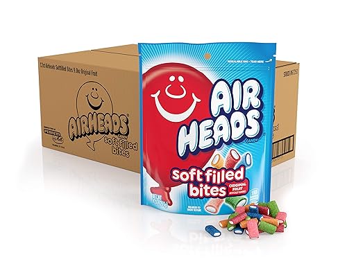 Airheads Candy, Soft Filled Bites, Assorted Fruit Flavors, Stand Up Bag, Party, Pantry, 9oz Bag, Box of 12 Bags