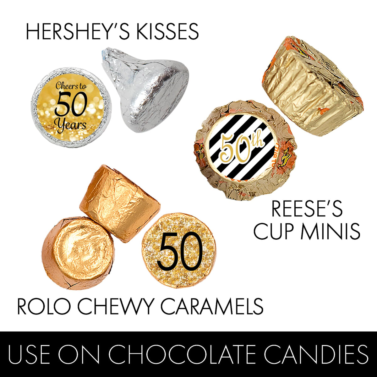 50th Birthday Candy Stickers, Black and Gold, 180 Count, 0.75" Round