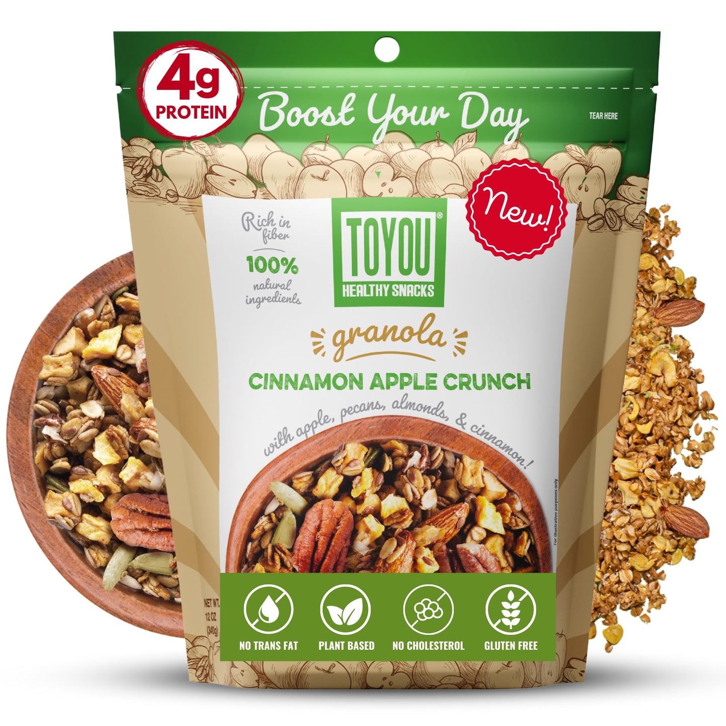ToYou Snacks Gluten Free Granola, Fruit and Granola Cereal | Cinnamon Apple Crunch - 12 Ounce (Pack of 1) | Plant Based, Vegan, Healthy Snacks