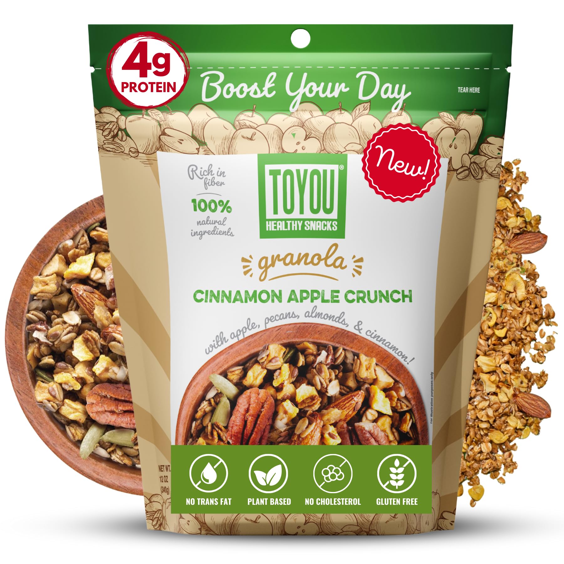ToYou Snacks Gluten Free Granola, Fruit and Granola Cereal | Cinnamon Apple Crunch - 12 Ounce (Pack of 1) | Plant Based, Vegan, Healthy Snacks
