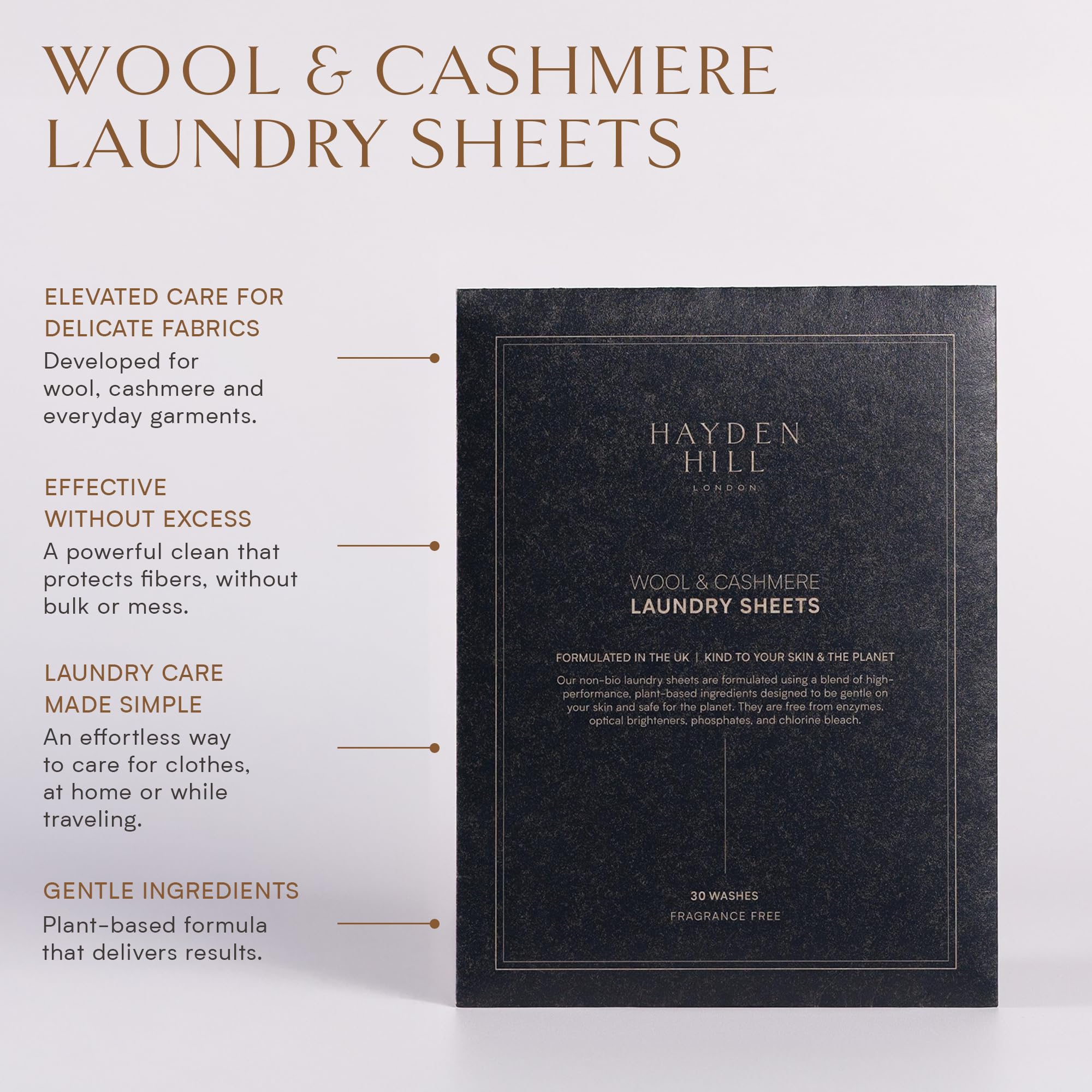 Hayden Hill Laundry Sheets For Cashmere and Wool - Fragrance Free Detergent - 30 Washes (15 Sheets) - Non-Bio Plant Based - Kind To Your Skin
