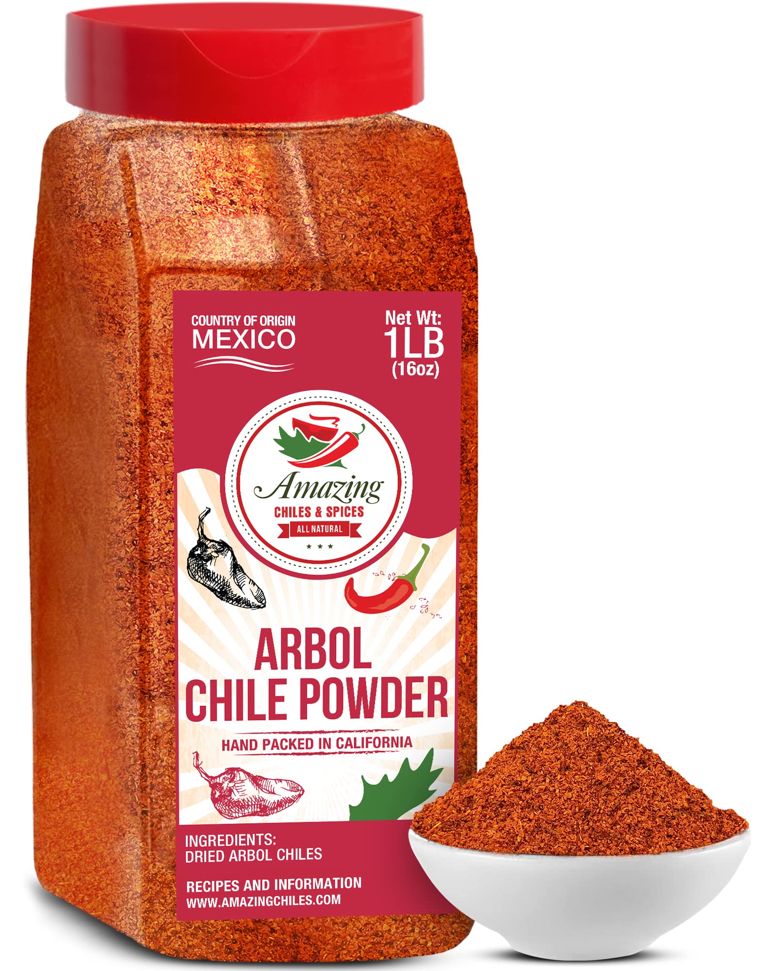 Chile de Arbol - Dried Red Chili Pepper Powder - 1LB (16oz) - Ground Peppers For Authentic Mexican Cuisine by Amazing Chiles & Spices