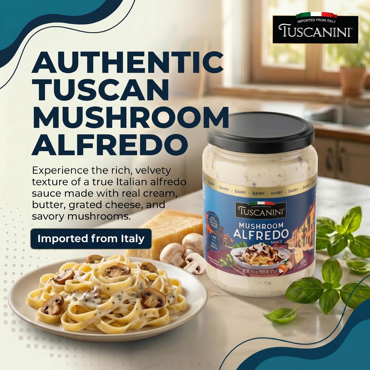 Tuscanini Mushroom Alfredo Sauce, 14.5 oz | Imported from Italy | Made with Real Butter, Cream & Cheese | Creamy Mushroom Pasta Sauce for Fettuccine