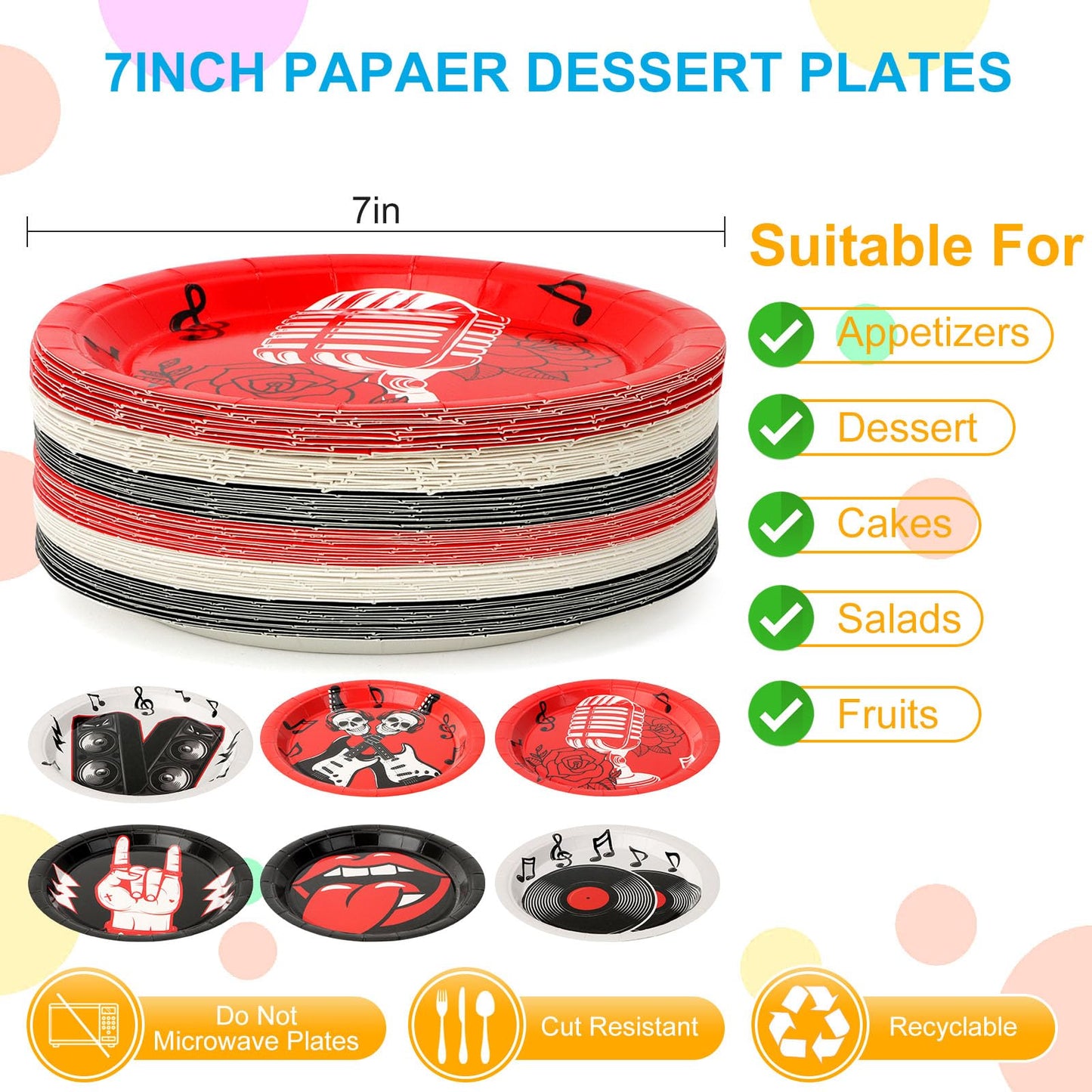 CLIYTICA 72Pcs Rock Party Paper Plates,1950's Record Dessert Plates,Disposable Music Birthday Tableware Set for Anniversary 50s 60s Theme Parties