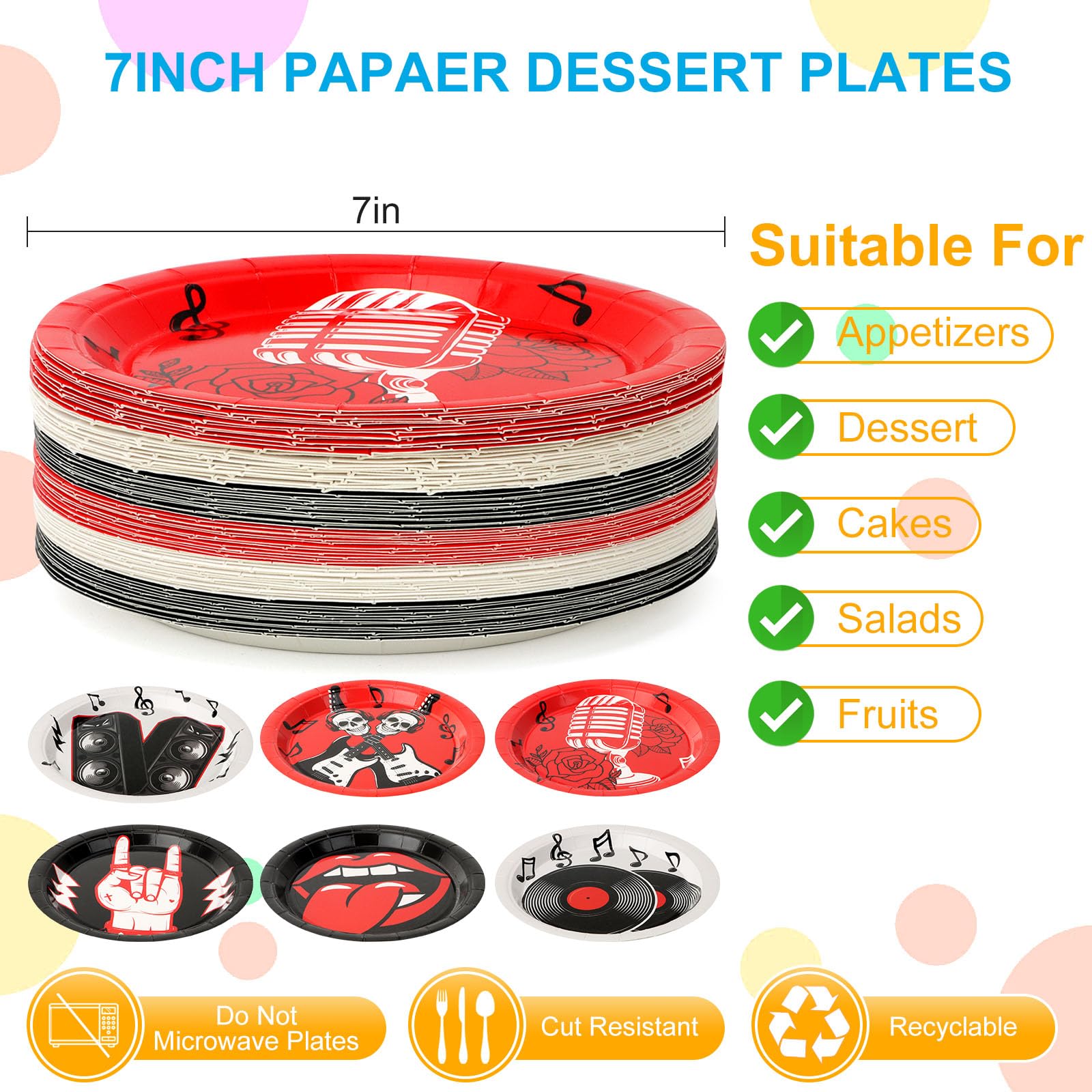 CLIYTICA 72Pcs Rock Party Paper Plates,1950's Record Dessert Plates,Disposable Music Birthday Tableware Set for Anniversary 50s 60s Theme Parties