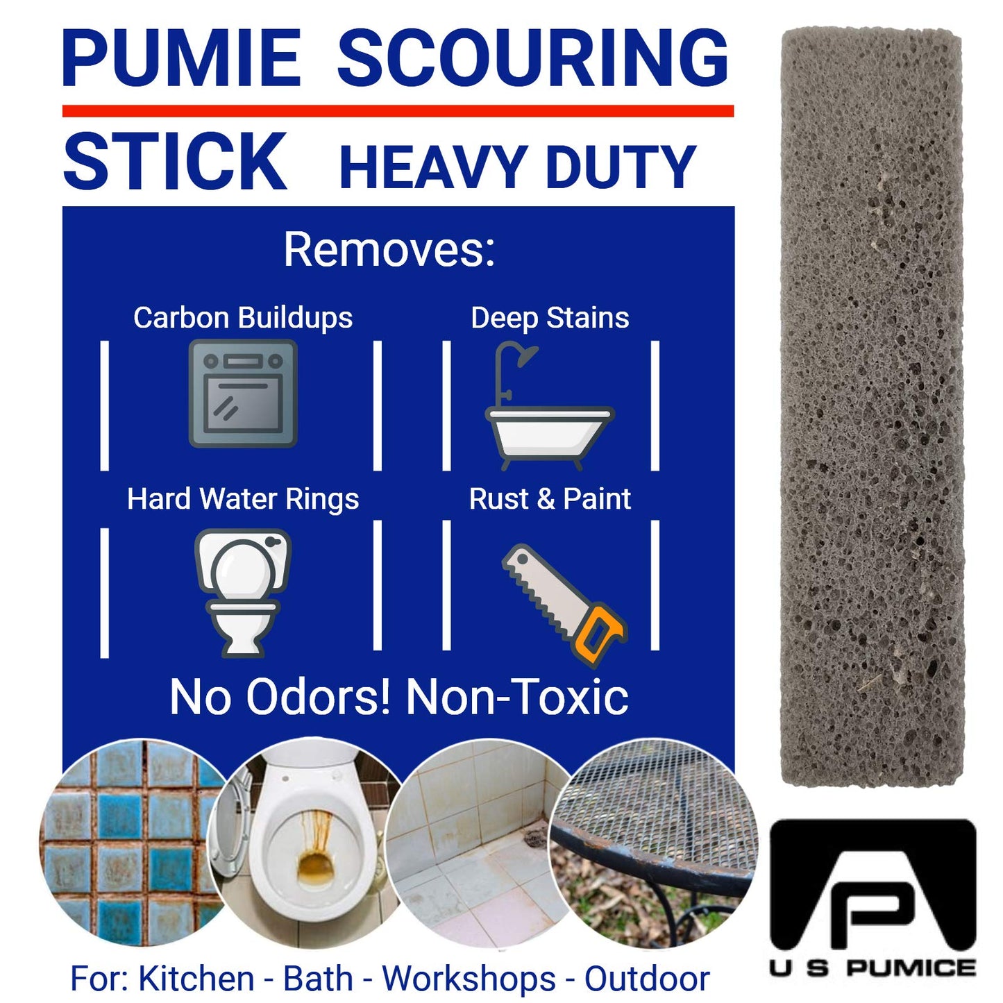 PUMIE Scouring Stick, Heavy Duty, HDW by U.S. Pumice, Remove Toilet Stains, Hard Water Rings, Rust and Paint, Carbon Buildups (1 Pack)