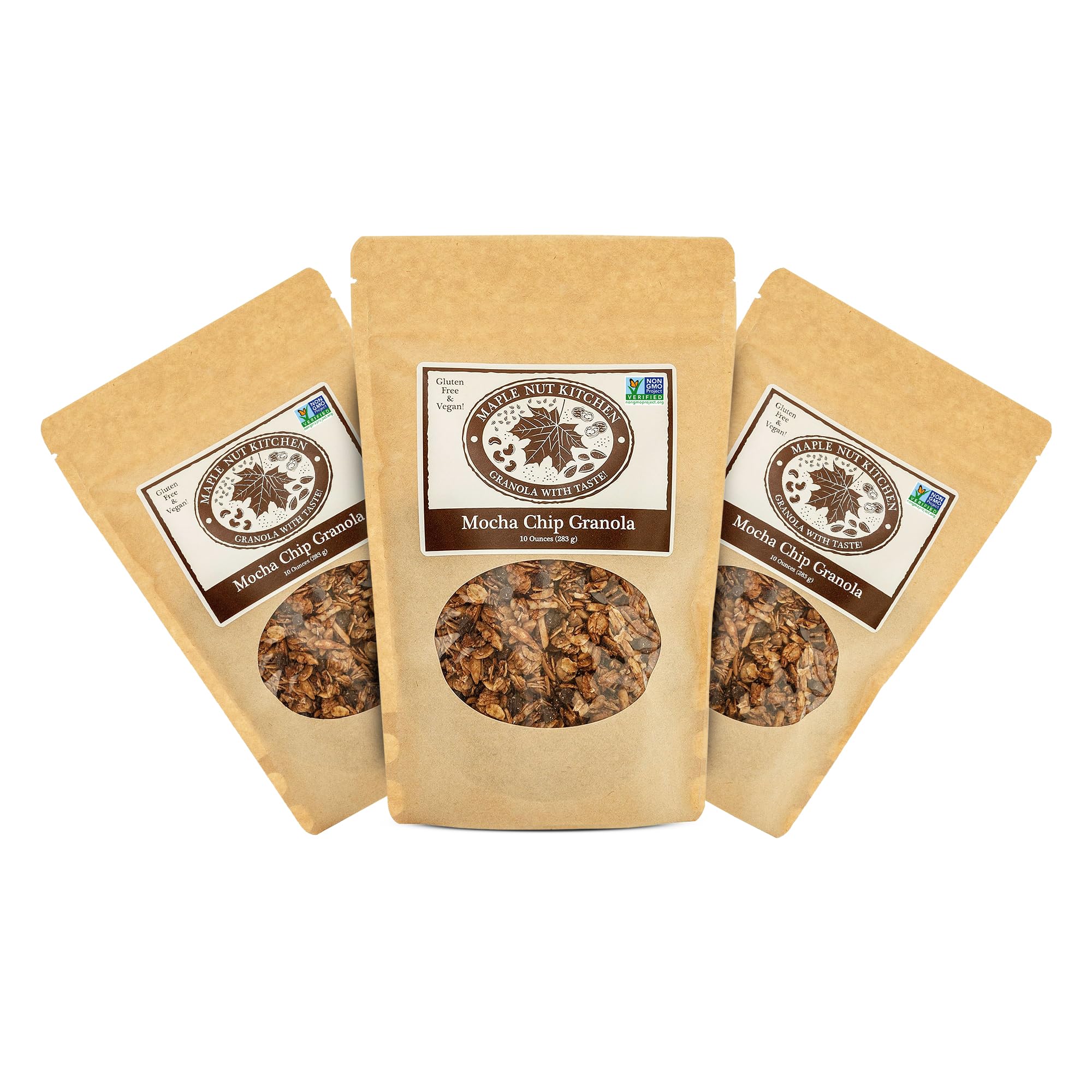 Maple Nut Kitchen Mocha Chip Granola 3 Pack - Vegan, Certified Gluten-Free Oats, Low Sugar - Dark Chocolate, Almonds, Coconut, Coffee - Crunchy