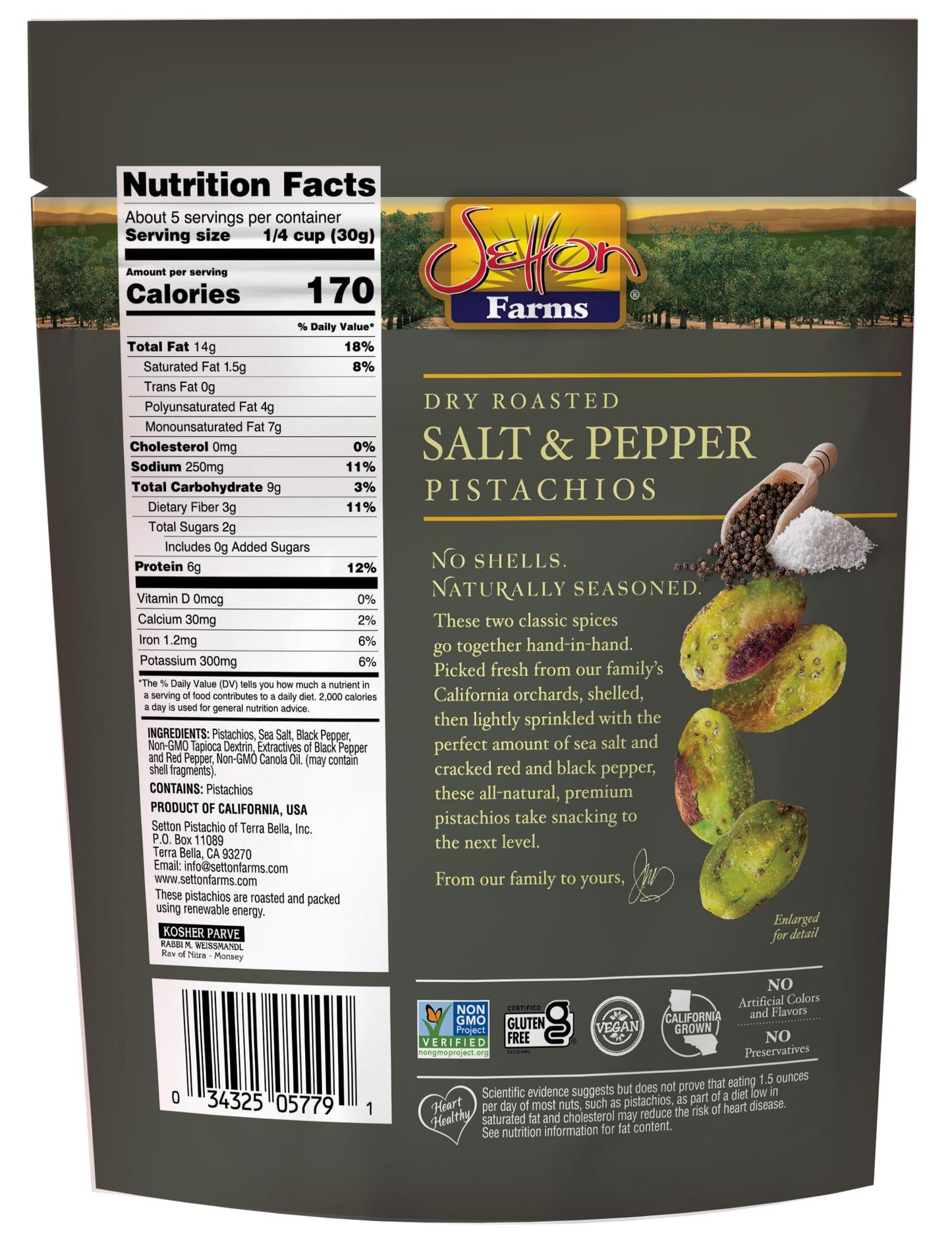 Setton Farms Naturally Seasoned Pistachio Kernels, Salt and Pepper, No Shell Pistachios, Certified Non-GMO, Gluten Free, Vegan and Kosher, 5 oz