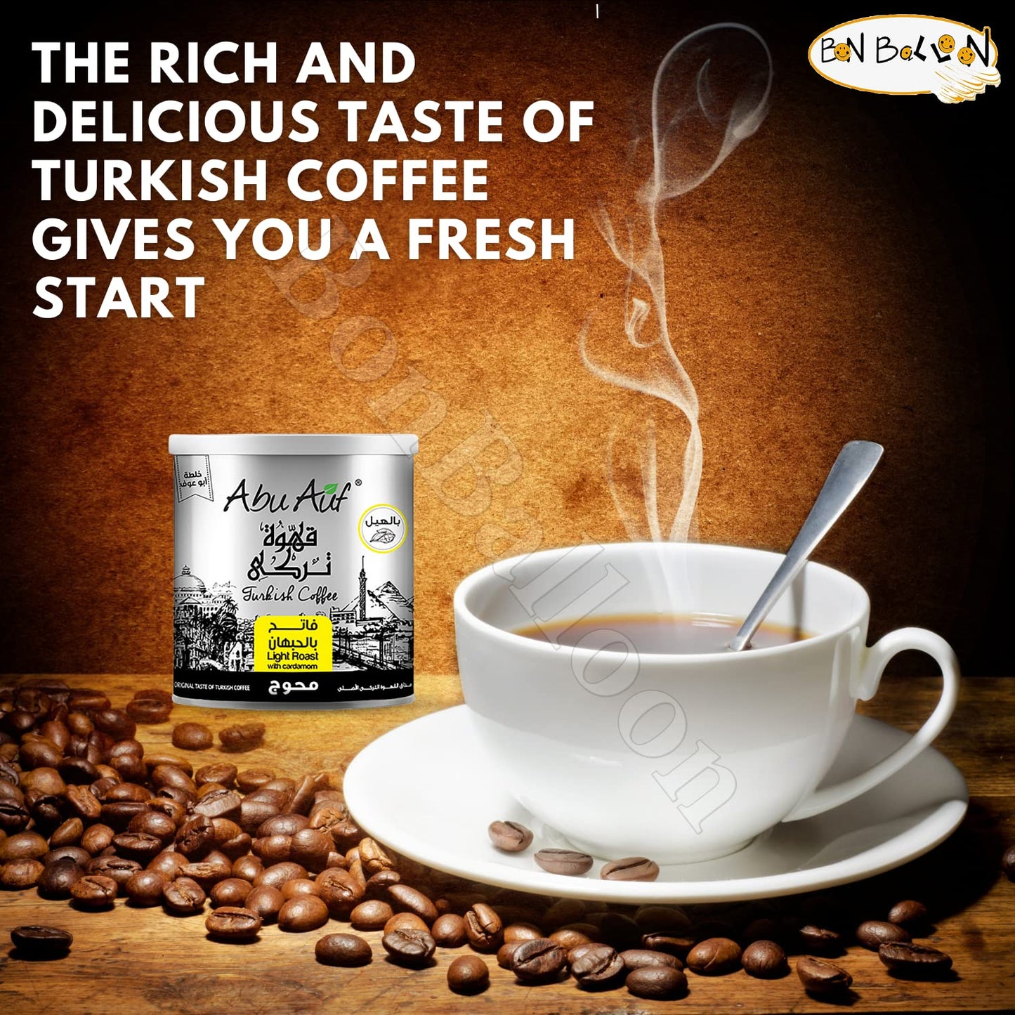 Abu Auf Abuauf Oriental Original Turkish Coffee Cafe Arabic Arabian Arabica Ground Roasted Mud Coffee Light Roast Blend (Light Roast With Cardamom