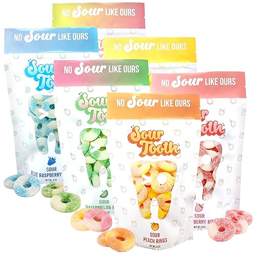Tropical Sour Rings Candy, 6 Pack Gummy Sour Rings, Watermelon, Pineapple, Pink Lemonade, Blue Raspberry, Peach & Strawberry, Super Sour Rings, Fresh