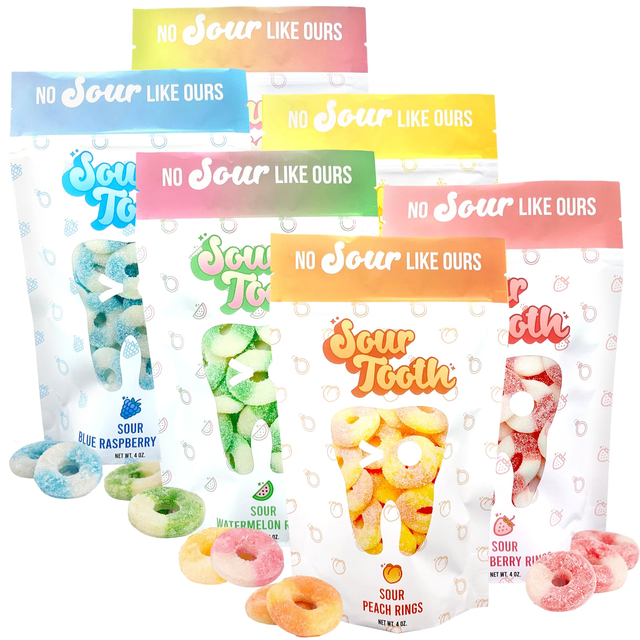 Tropical Sour Rings Candy, 6 Pack Gummy Sour Rings, Watermelon, Pineapple, Pink Lemonade, Blue Raspberry, Peach & Strawberry, Super Sour Rings, Fresh