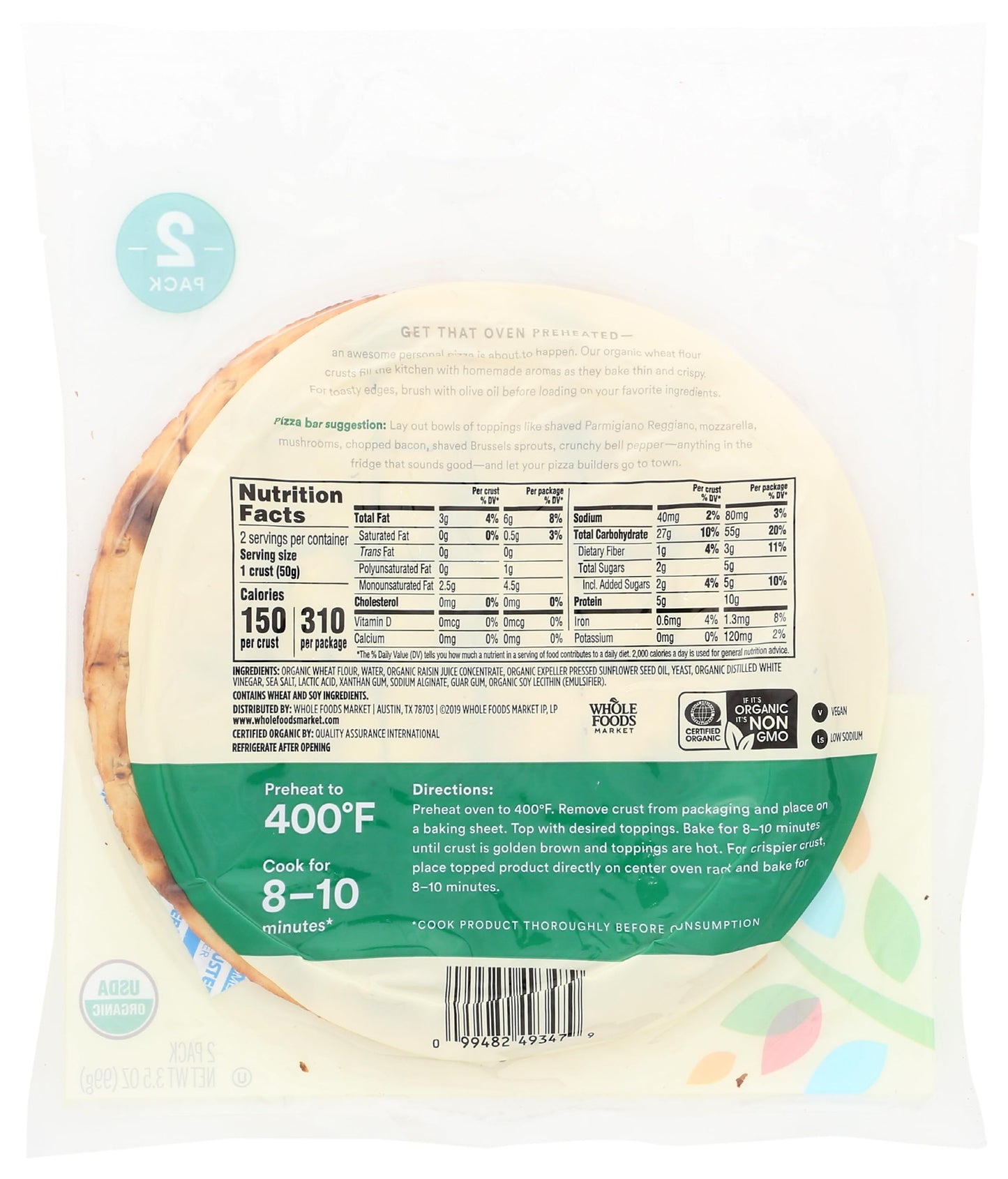 365 by Whole Foods Market, Organic Rustic White Pizza Crusts, 7 Inch, 2 Count, 3.5 Ounce
