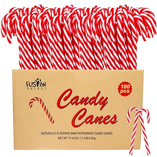 Fusion Select 100 Pcs Mini Candy Canes - Striped Christmas Candies, Sweet Goodies for the Holidays - Naturally Flavored Mini Peppermint Confections