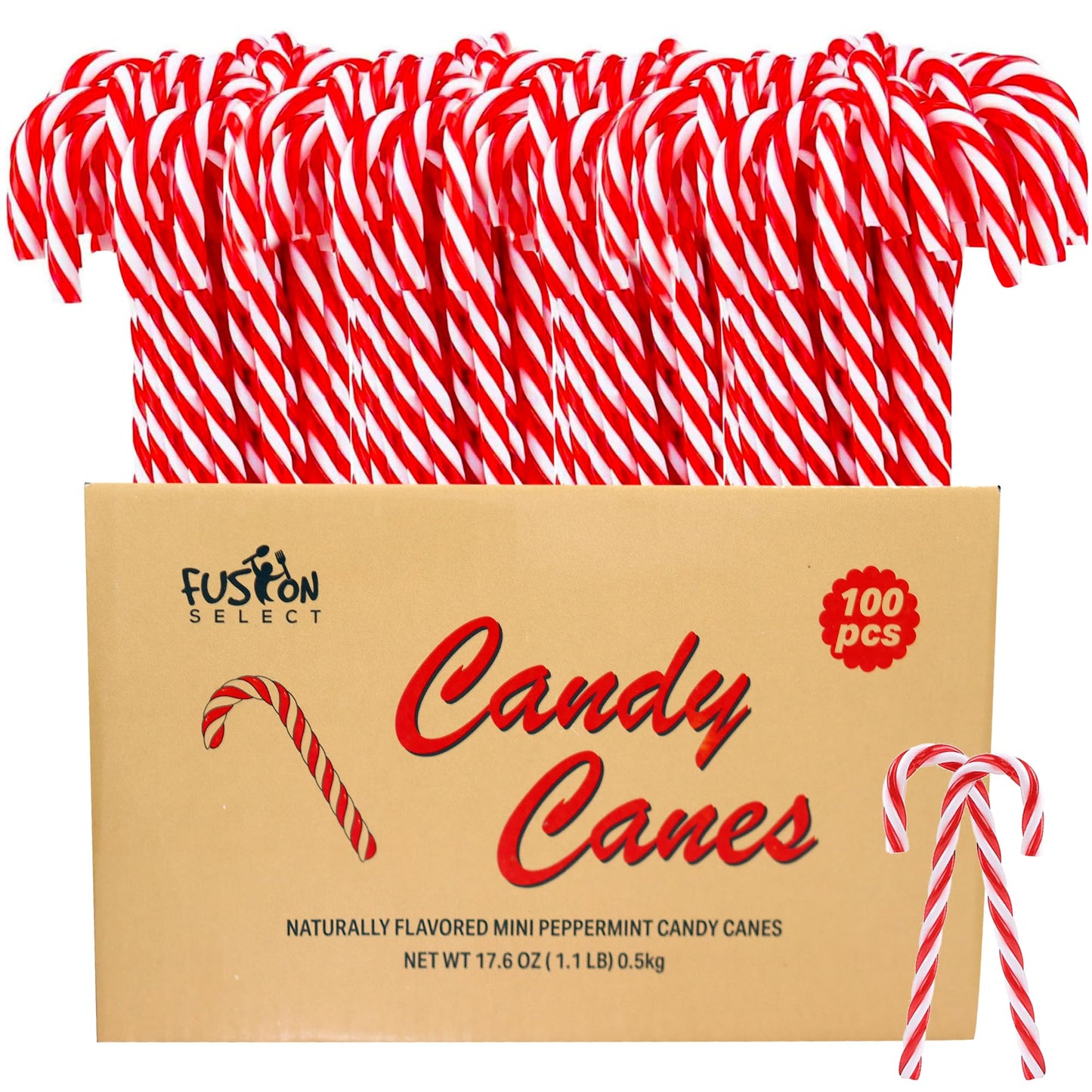 Fusion Select 100 Pcs Mini Candy Canes - Striped Christmas Candies, Sweet Goodies for the Holidays - Naturally Flavored Mini Peppermint Confections