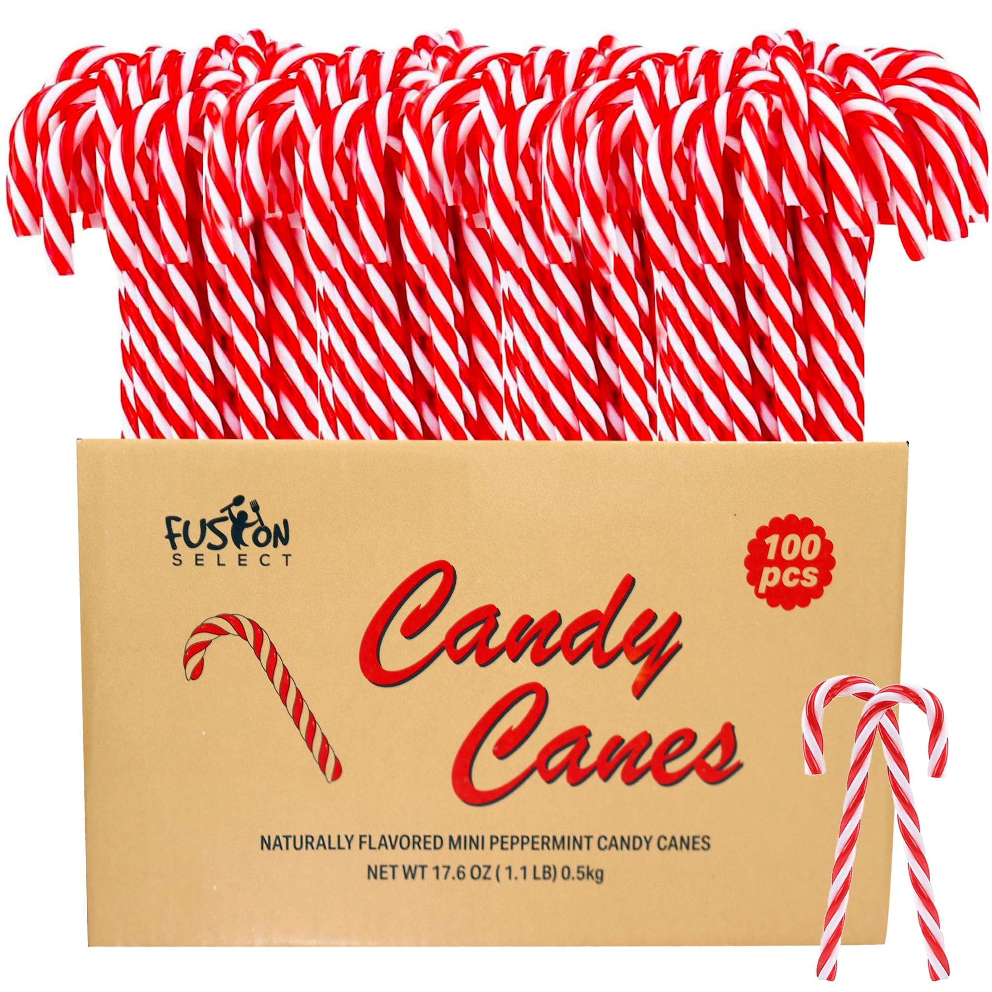 Fusion Select 100 Pcs Mini Candy Canes - Striped Christmas Candies, Sweet Goodies for the Holidays - Naturally Flavored Mini Peppermint Confections
