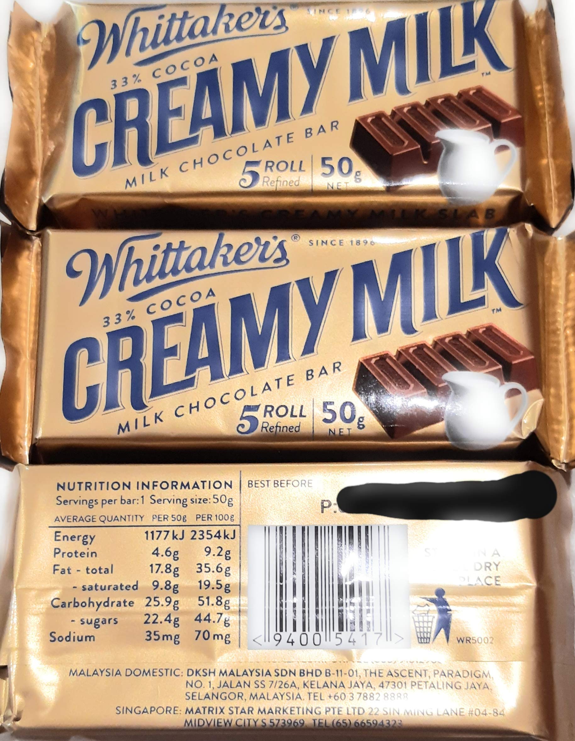 Whittaker's Dairy Milk Chocolate 3 x 50g Bars/Slabs