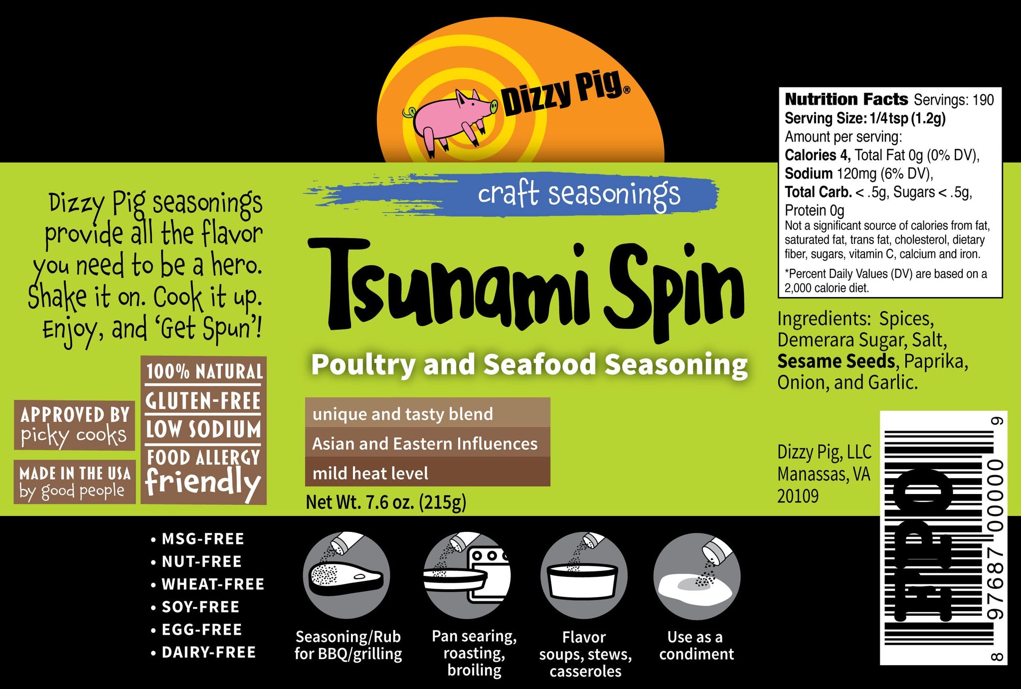 Dizzy Pig Tsunami Spin Asian Fusion Seasoning Rub (8oz Shaker) - Seasons 30+lbs of Food - Hand Made in the USA - MSG Free, Gluten Free