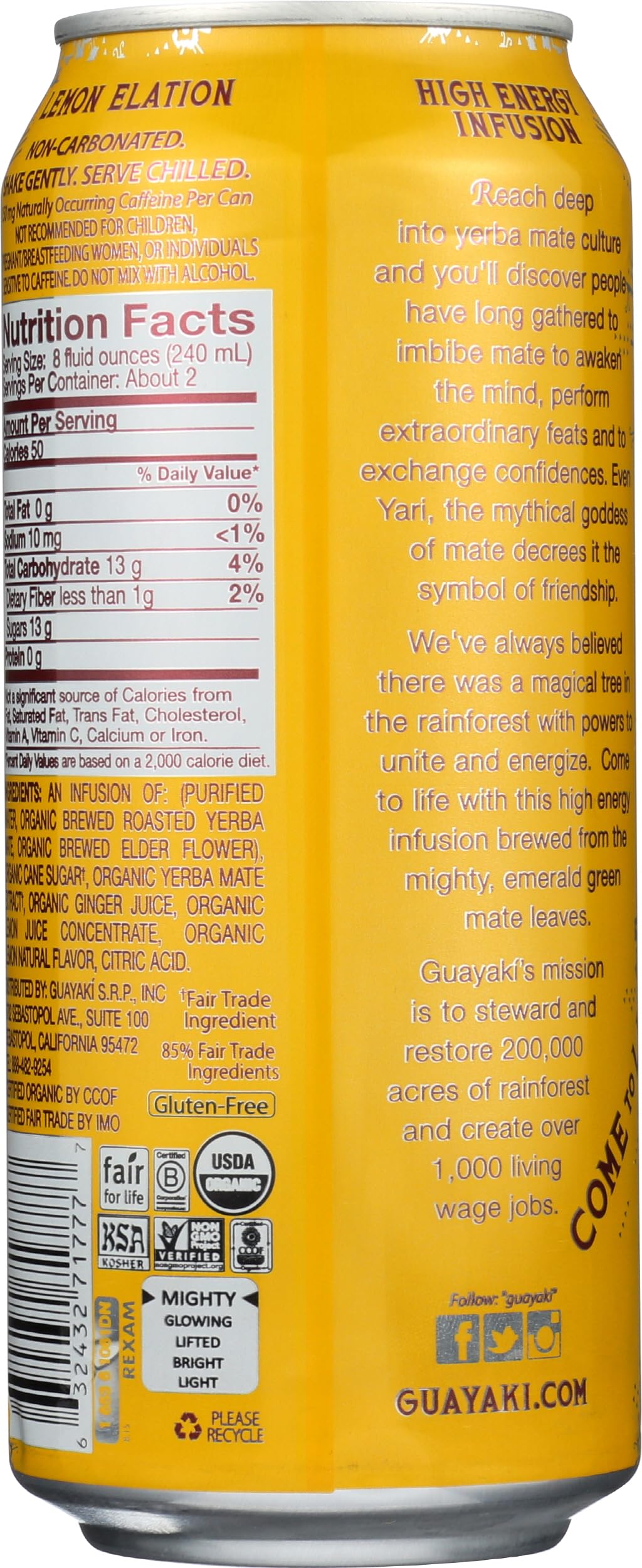 Guayakí Yerba Mate, Energy Drink Alternative, Organic Lemon Elation Flavor, 15.5 Oz, 150mg Natural Caffeine, Smooth Energy & Focus
