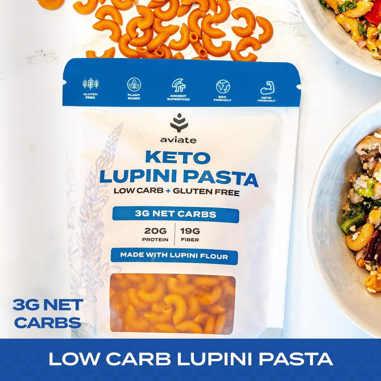 Aviate Keto Pasta Elbows - Low Carb (3g Net) Lupini Noodles, High Protein (20g), Gluten-Free, Made with Lupin Flour, Plant Based Vegan, Keto-Friendly