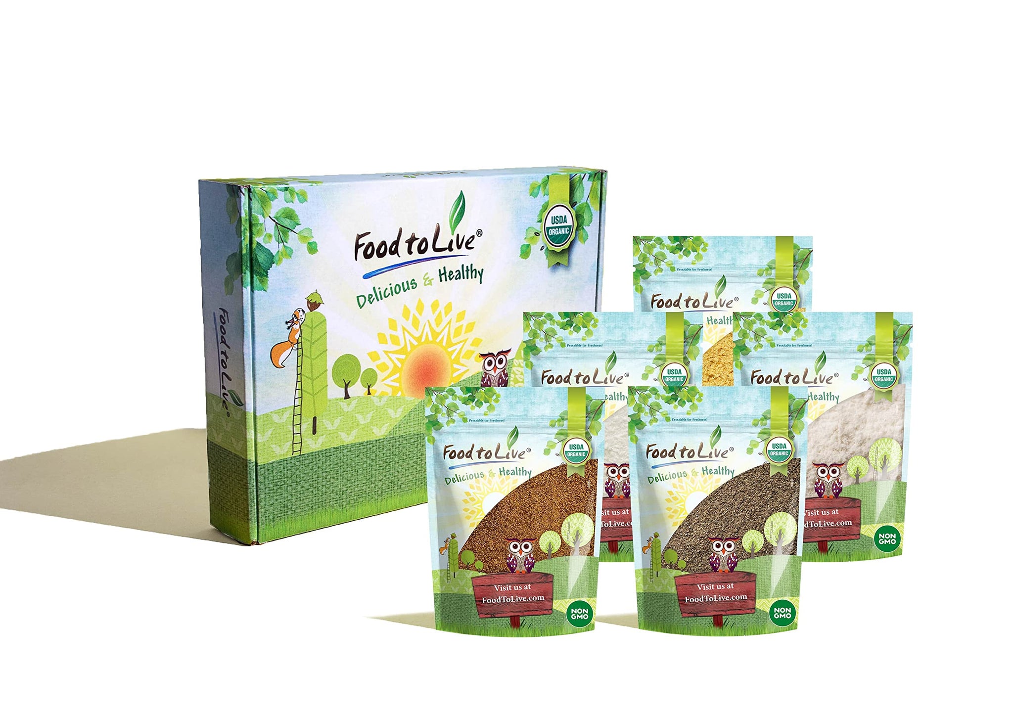 Food to Live - Organic Baking Ingredients in a Gift Box A Variety Pack of Organic Coconut Flour, Chia Flour, Coconut Sugar, Shredded Coconut, Ground
