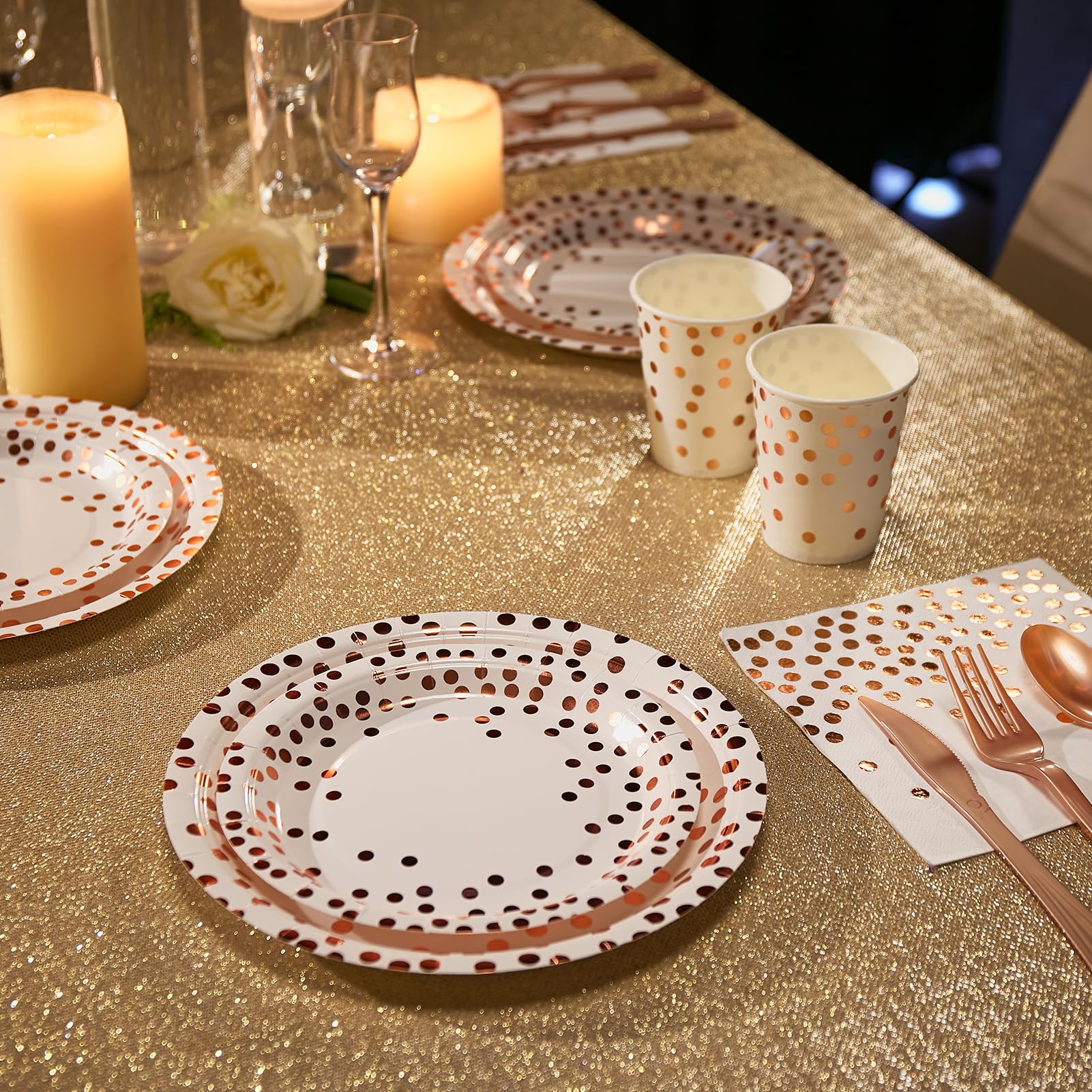 White and Rose Gold Party Supplies - 350 PCS Disposable Dinnerware Set - White Paper Plates Napkins Cups, Gold Plastic Forks Knives Spoon