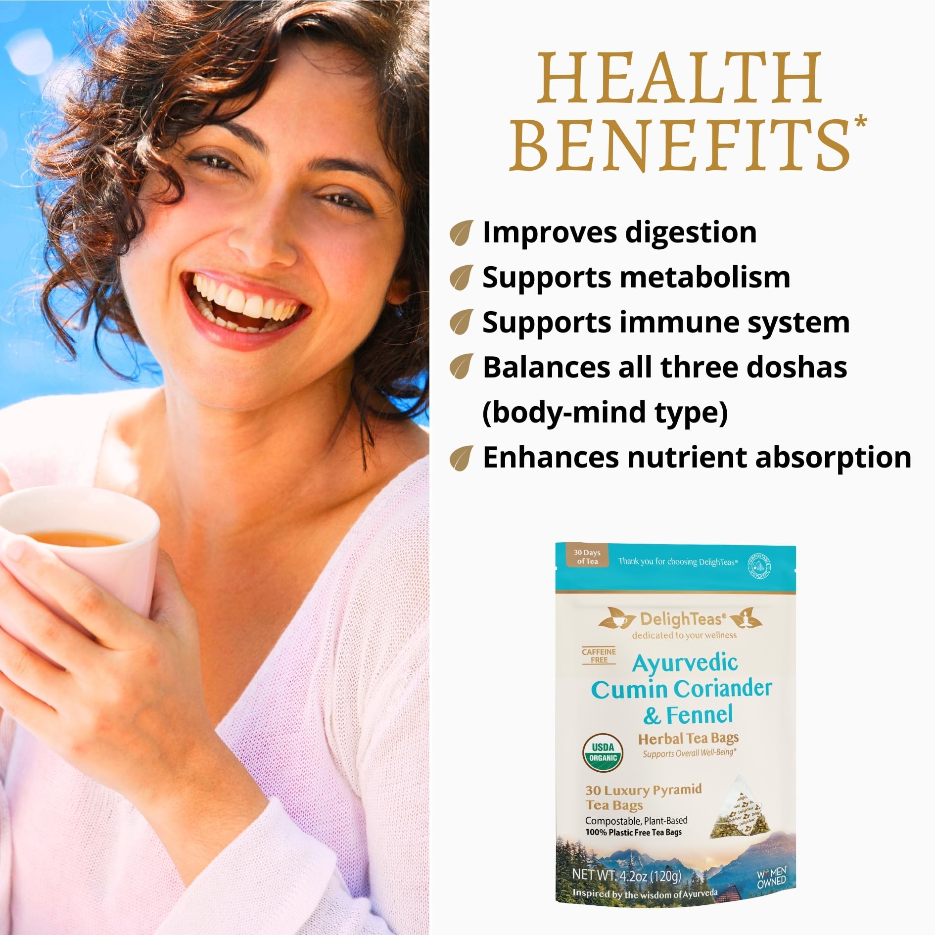 DelighTeas Organic Digest & Detox CCF Tea | Eco-friendly, Compostable Pyramid Tea Bags | Ayurvedic Cumin, Coriander, Fennel Tea | USDA Organic