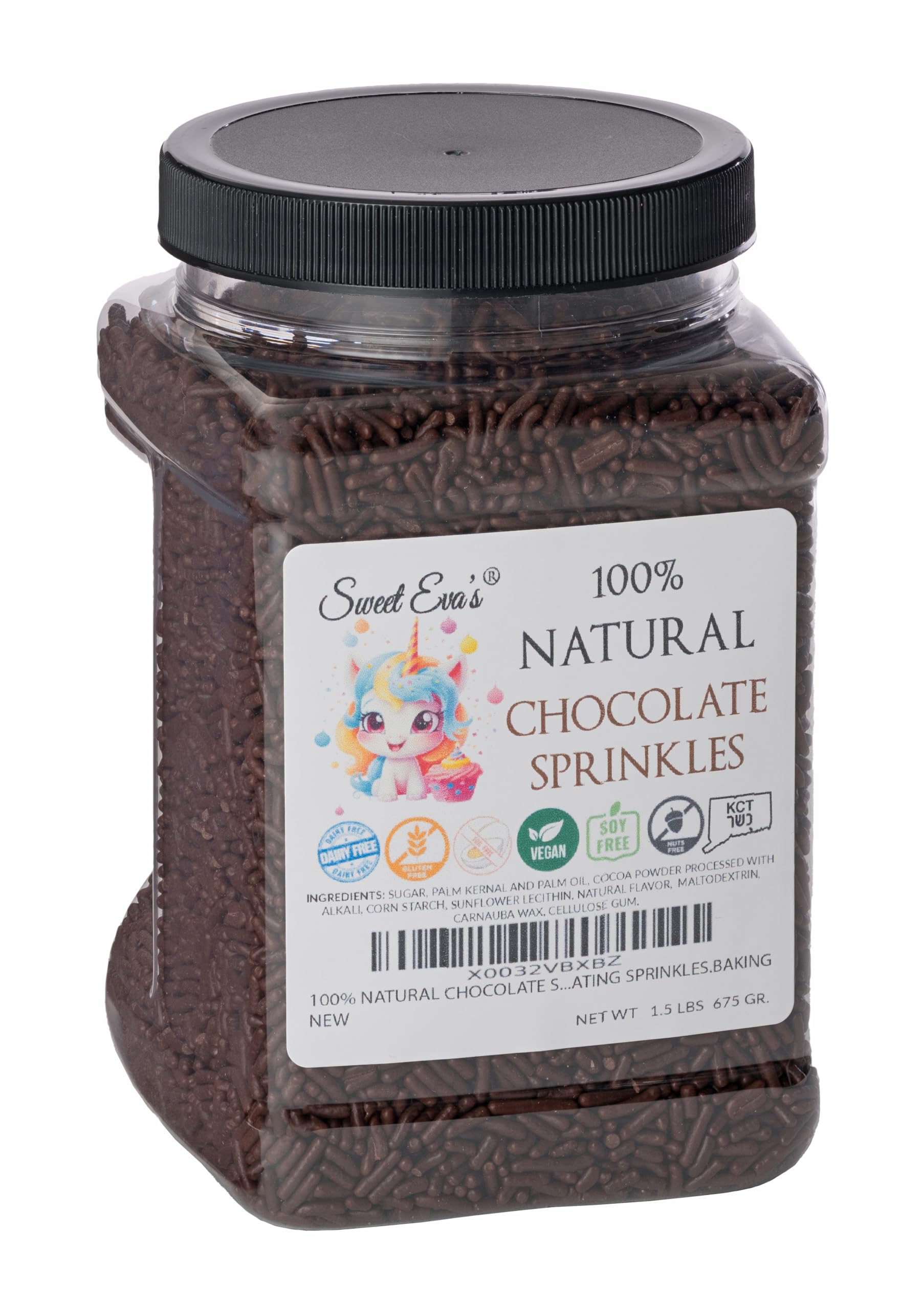 100% NATURAL CHOCOLATE SPRINKLES. Gluten Free. Dairy Free. Egg Free. Soy Free. Nuts Free. Vegan. HKC. Lactose Free. Bulk- 1.5 LBS. Resealable